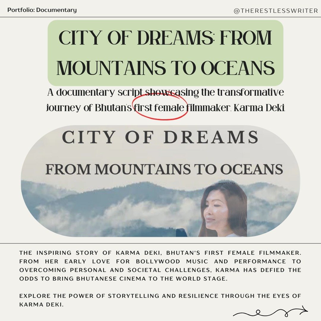Thrilled to share my latest work, CITY OF DREAMS: FROM MOUNTAINS TO OCEANS, a powerful documentary script about Bhutan&rsquo;s first female filmmaker, @karma_deki_filmmaker &mdash; Karma Deki. This project recently premiered at the Rubin Festival in 