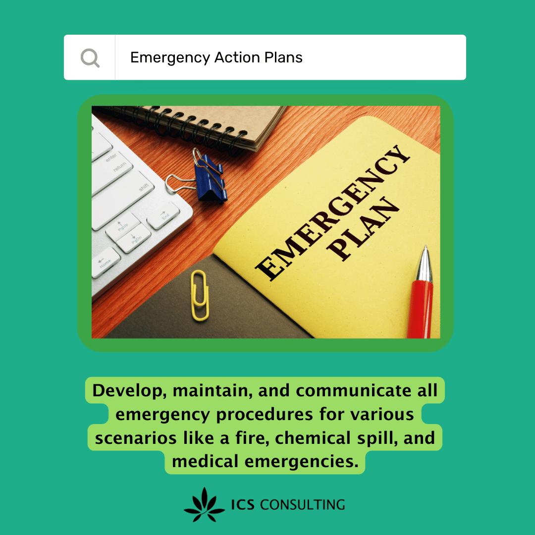 Search bar showing 'Emergency Action Plans' with a desk scene featuring a folder labeled 'Emergency Plan,' a keyboard, pen, and notebook. Text below highlights emergency procedure development for scenarios like fires and spills. ICS Consulting logo a