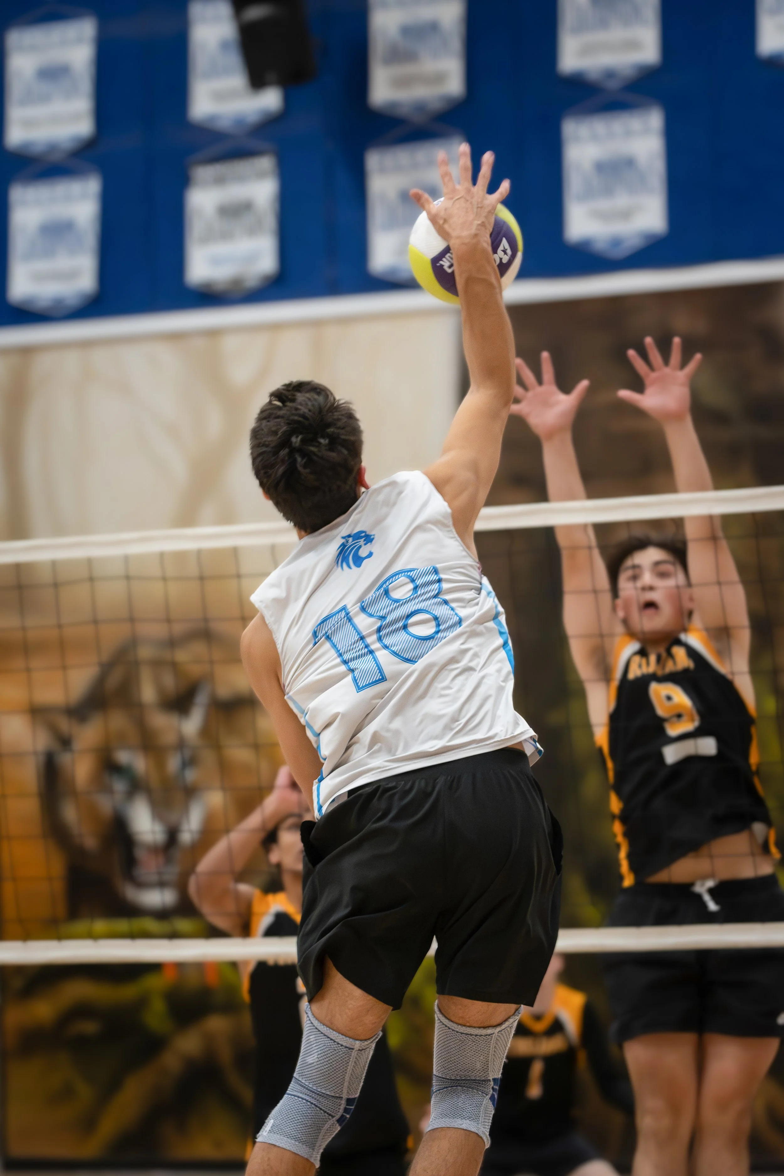 A volleyball player in a white jersey with the number 18 jumping to hit the ball at the net while an opponent in a black and yellow uniform attempts to block. There is a mural of a lion in the background.