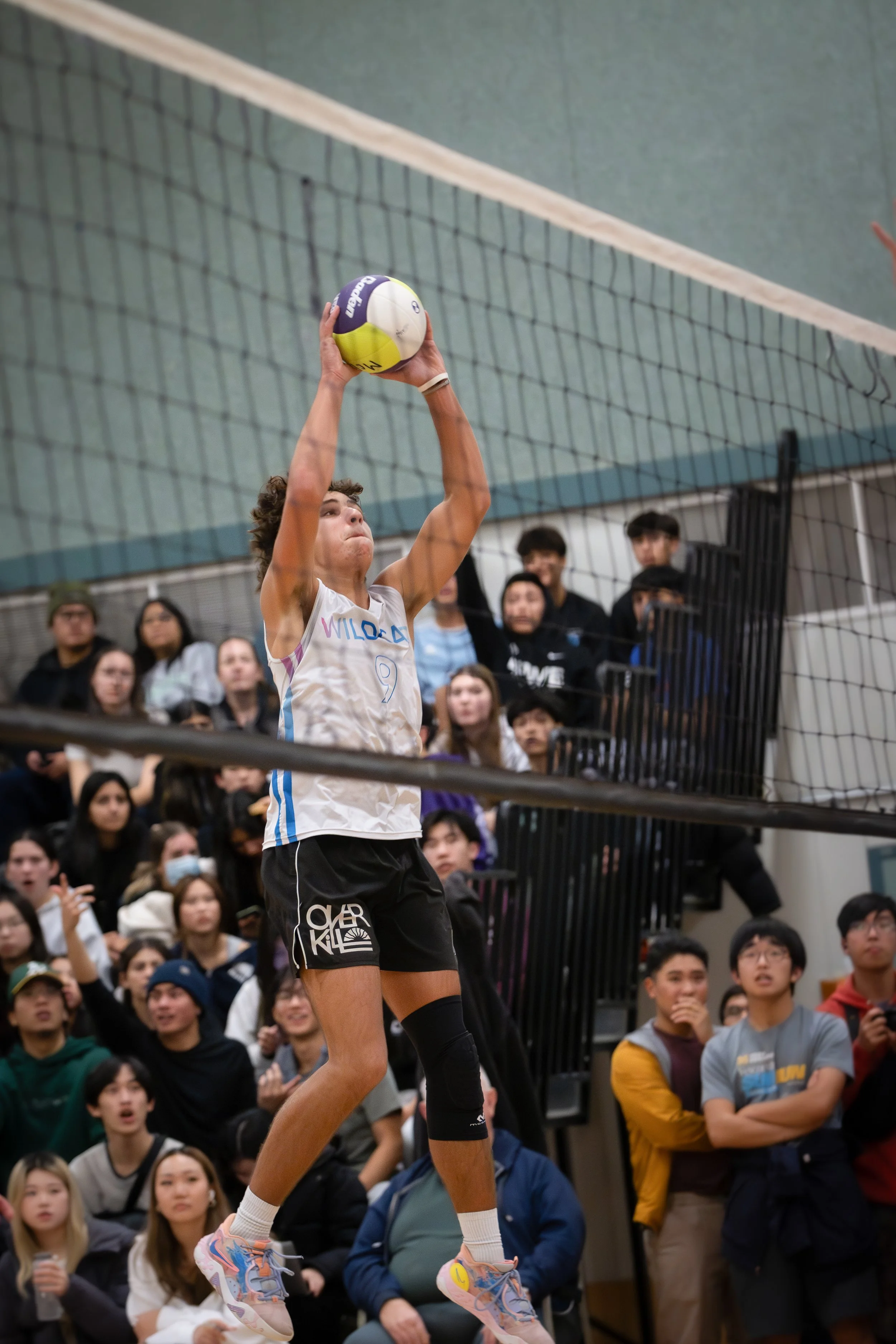 A young male volleyball player is jumping to hit the ball over the net during a match, with an audience of spectators watching intently in the background.