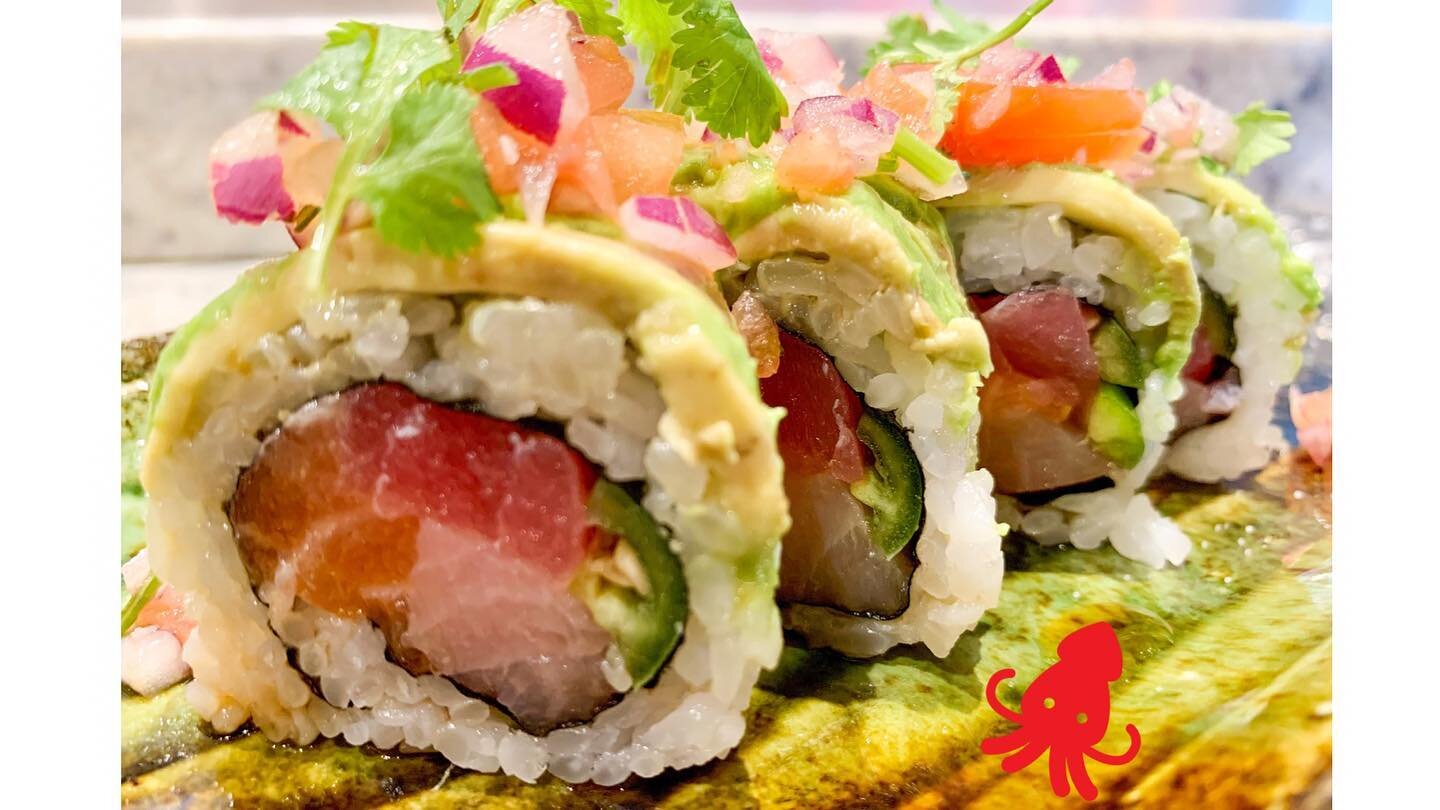 New roll on special! The Three Amigas. Tuna, salmon, yellowtail. Topped with avocado and spicy pico.