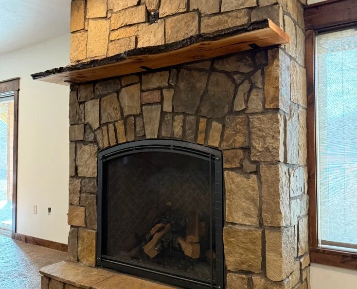 Custom Stone Fireplace & Live-Edge Mantel