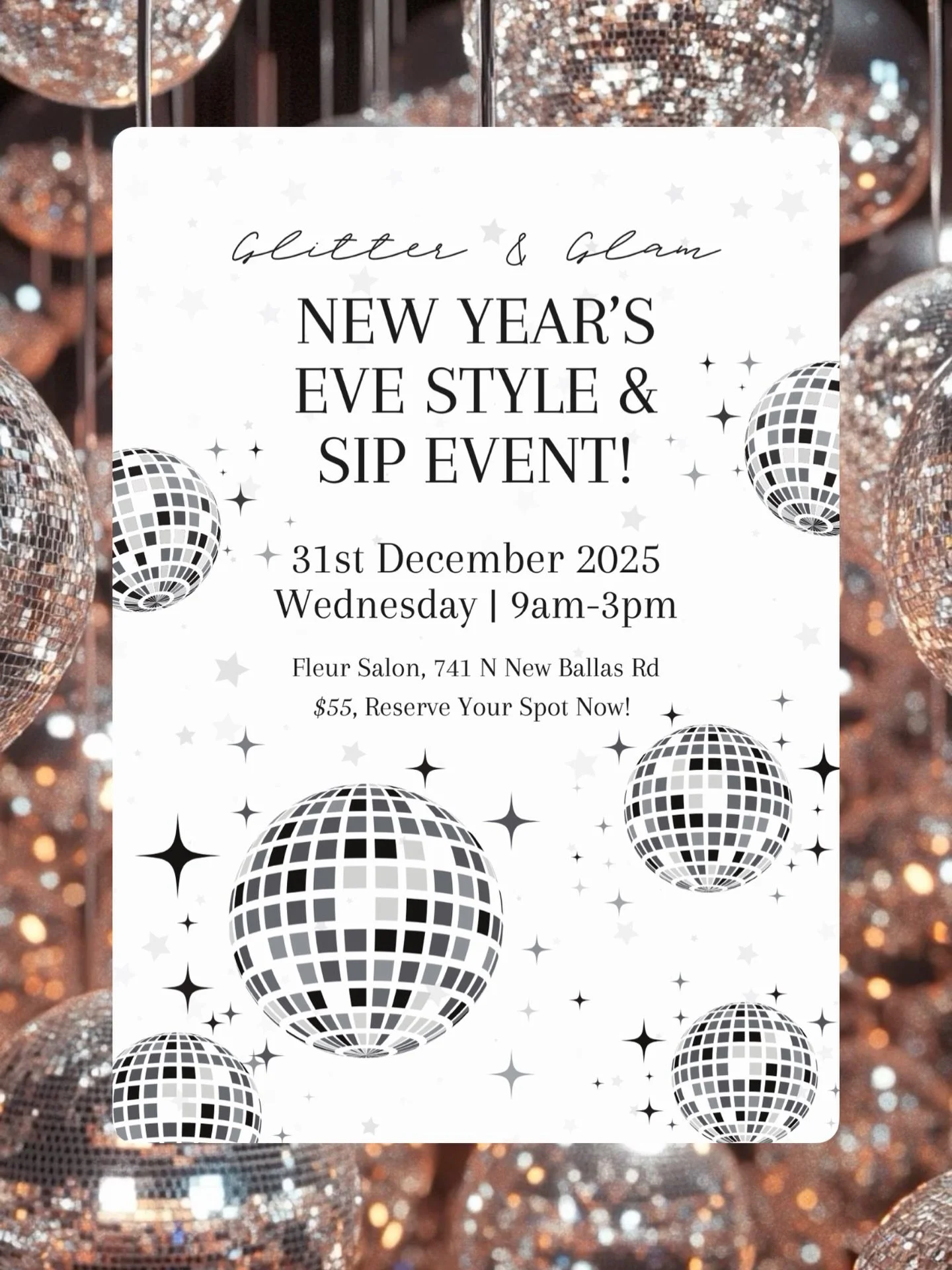 ✨🪩 New Year&rsquo;s Eve Sip &amp; Style Event! 🪩✨

Come get a blowout and/or Style for your event or just because you deserve to look your best going into the new year! 🎉✨

Sip on bubbles &amp; have a little snack as you relax 🥂✨. 

Grab Your Spo