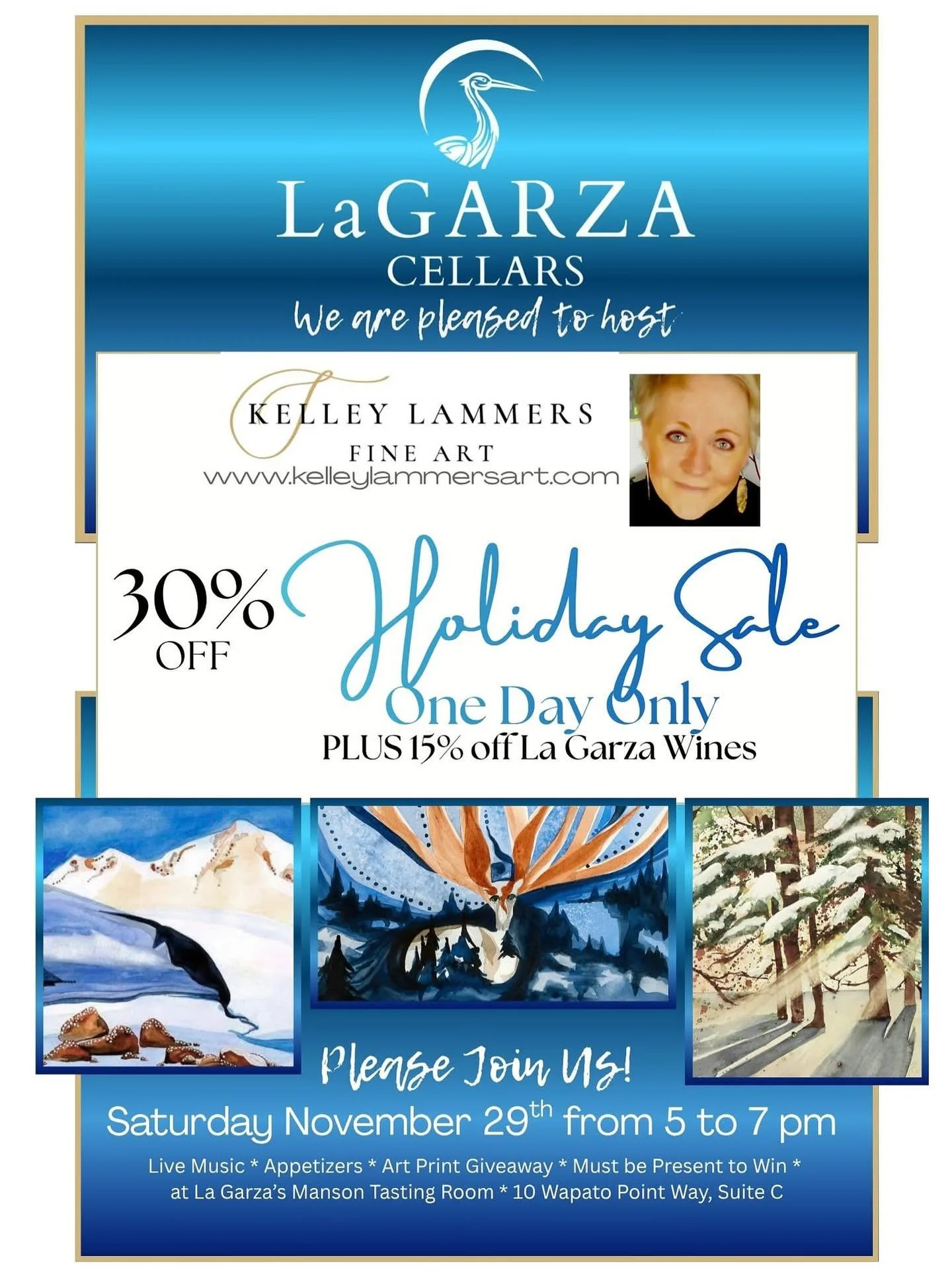 Come check out Kelley Lammers art in our tasting room! Special event Saturday 11/29 featuring discounts on art &amp; wine, snacks &amp; giveaways. Hope to see you there! 🖼️🍷