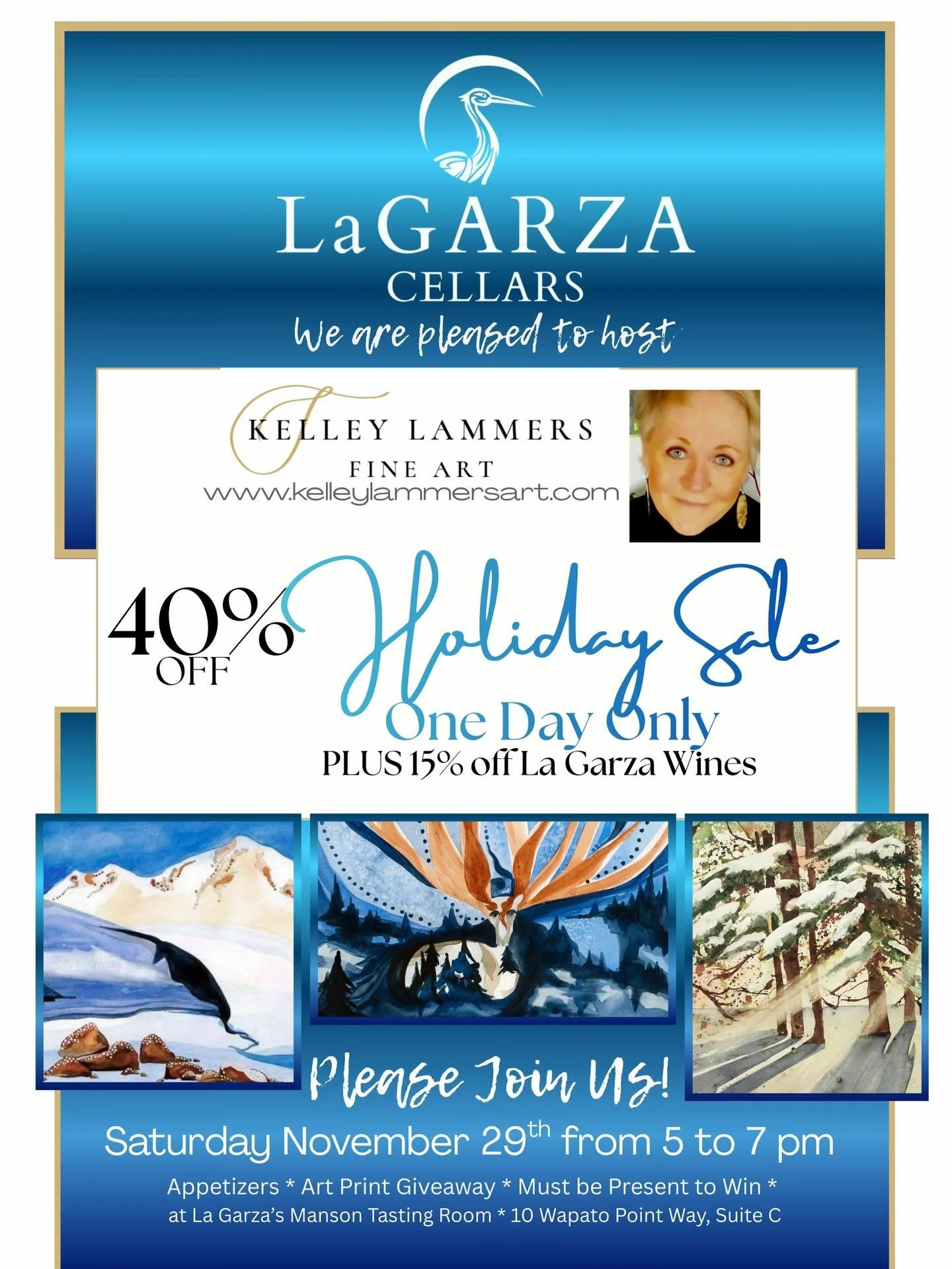 This Saturday! Come out and support our local artist Kelley Lammers. 40% off art, 15% off wine, raffles for prints, appetizers &amp; good times. Hope to see you there! 🥂🎨🖼️