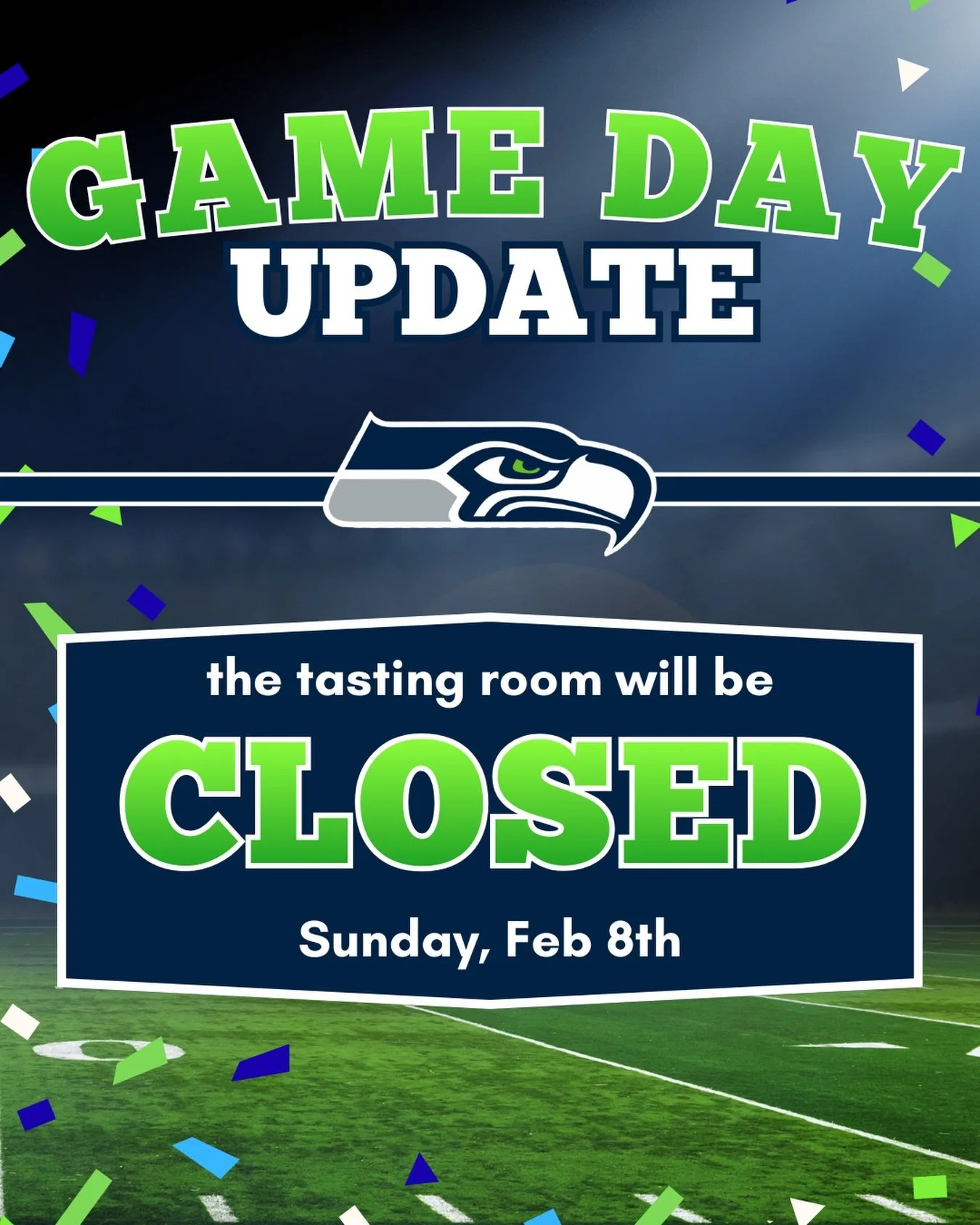 Our tasting room will be CLOSED on Sunday, Feb. 8th so our team can cheer on the Seahawks in the Super Bowl. Not to worry, we&rsquo;ll be back at it Monday from 2-7 PM. 🏈💚💙

Local Club Members: check your email for a special offer!