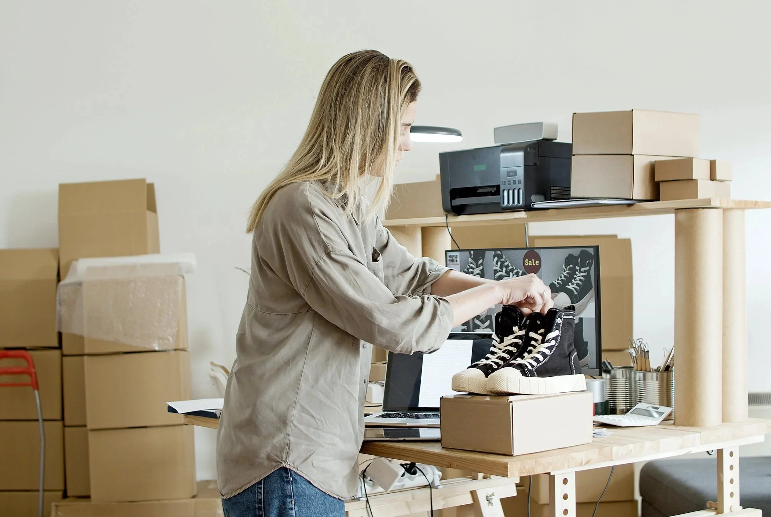 Woman packing sneakers in a cardboard box in a room with packed boxes and a computer.