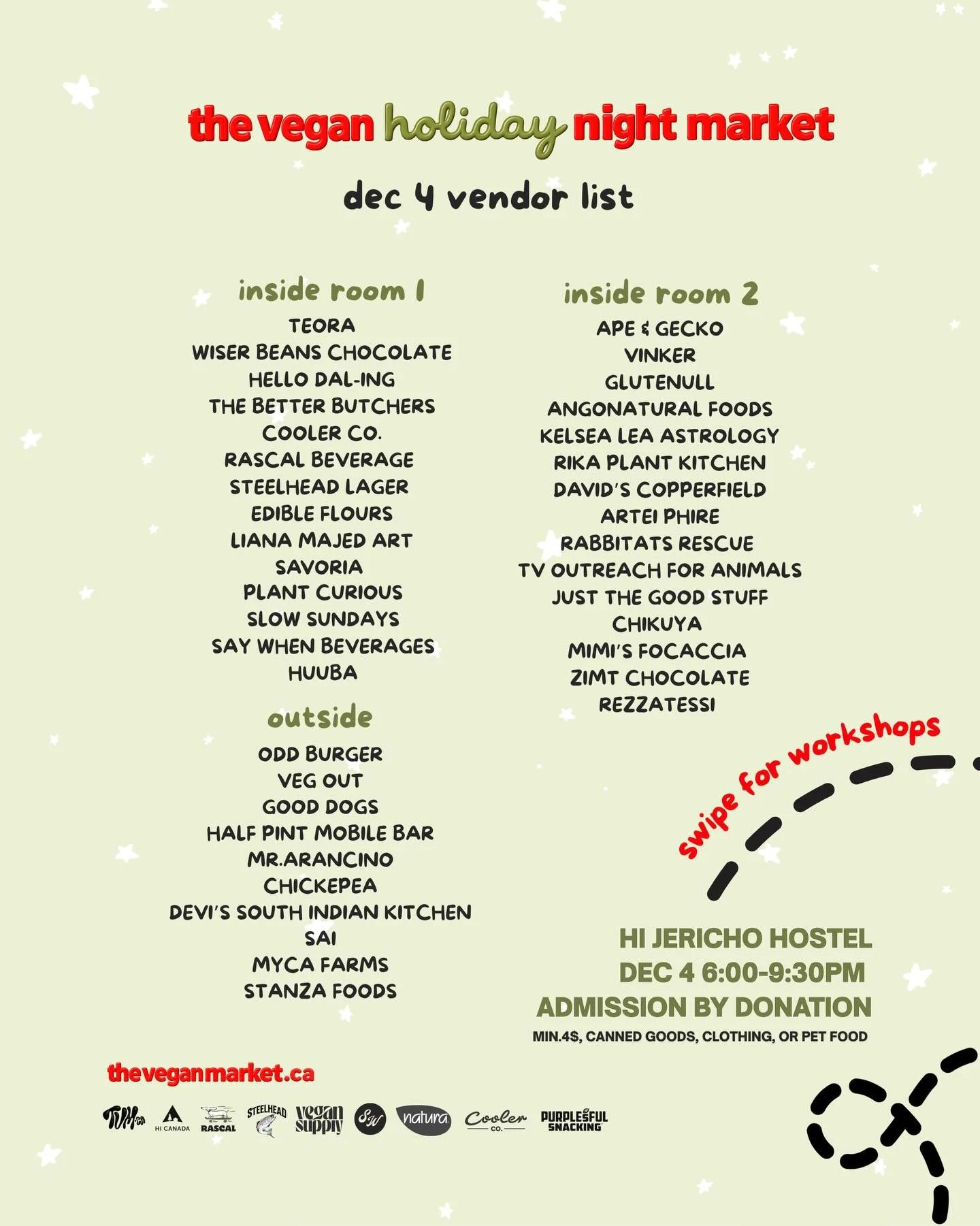 Vendor list and workshop schedule is live 🔥

This Thursday we&rsquo;re celebrating the holiday season at our new and improved venue, HI Jericho Beach Hostel from 6:00-9:30pm.

This is an indoor/outdoor event featuring 40+ businesses from food trucks