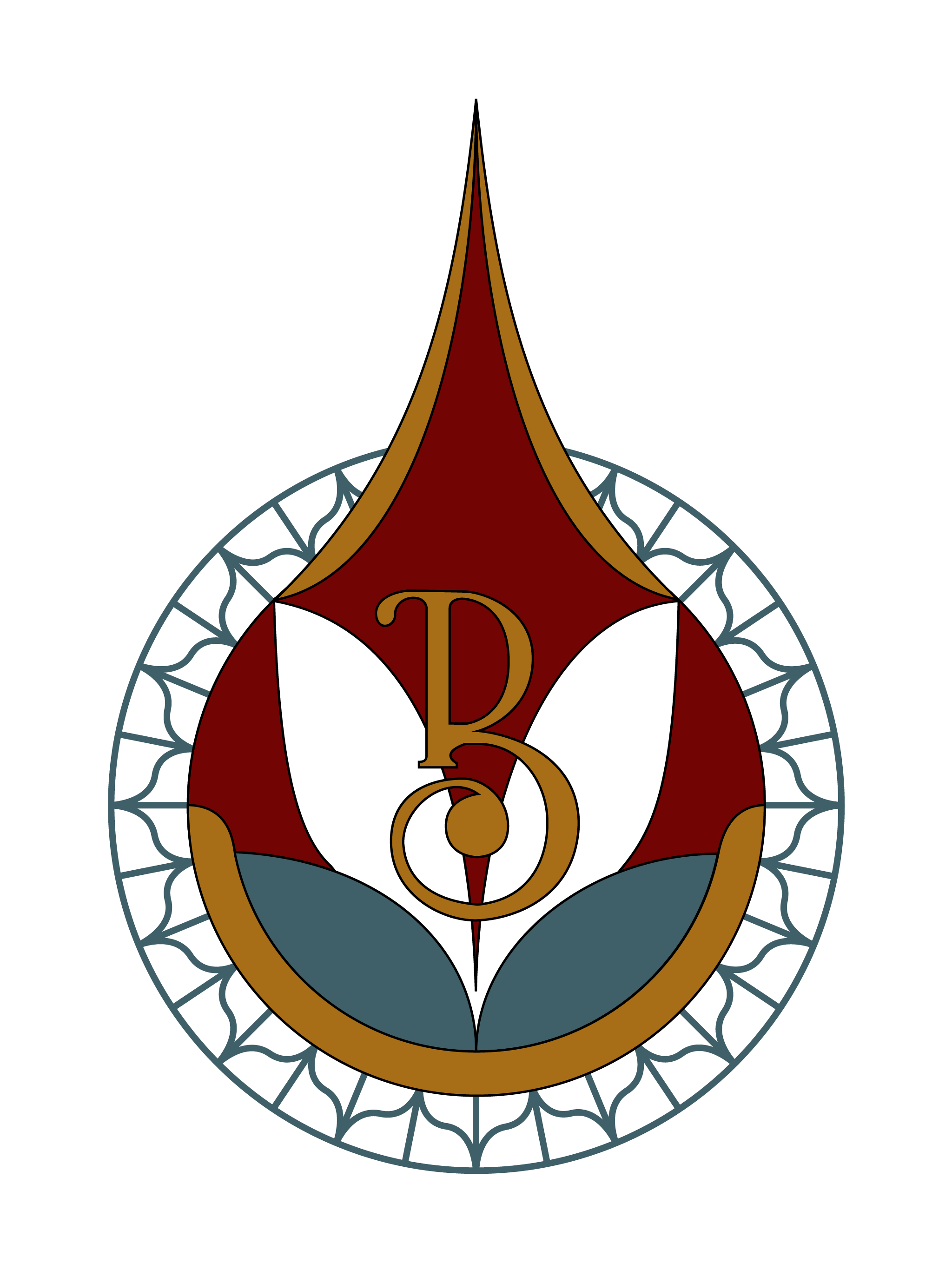 Bespoke Tile & Stone Logo. An intricate emblem with a stylized gold and deep scarlet colored face, decorative pale blue elements, and the letter 'B' in the center, set against a solid pale pink background.