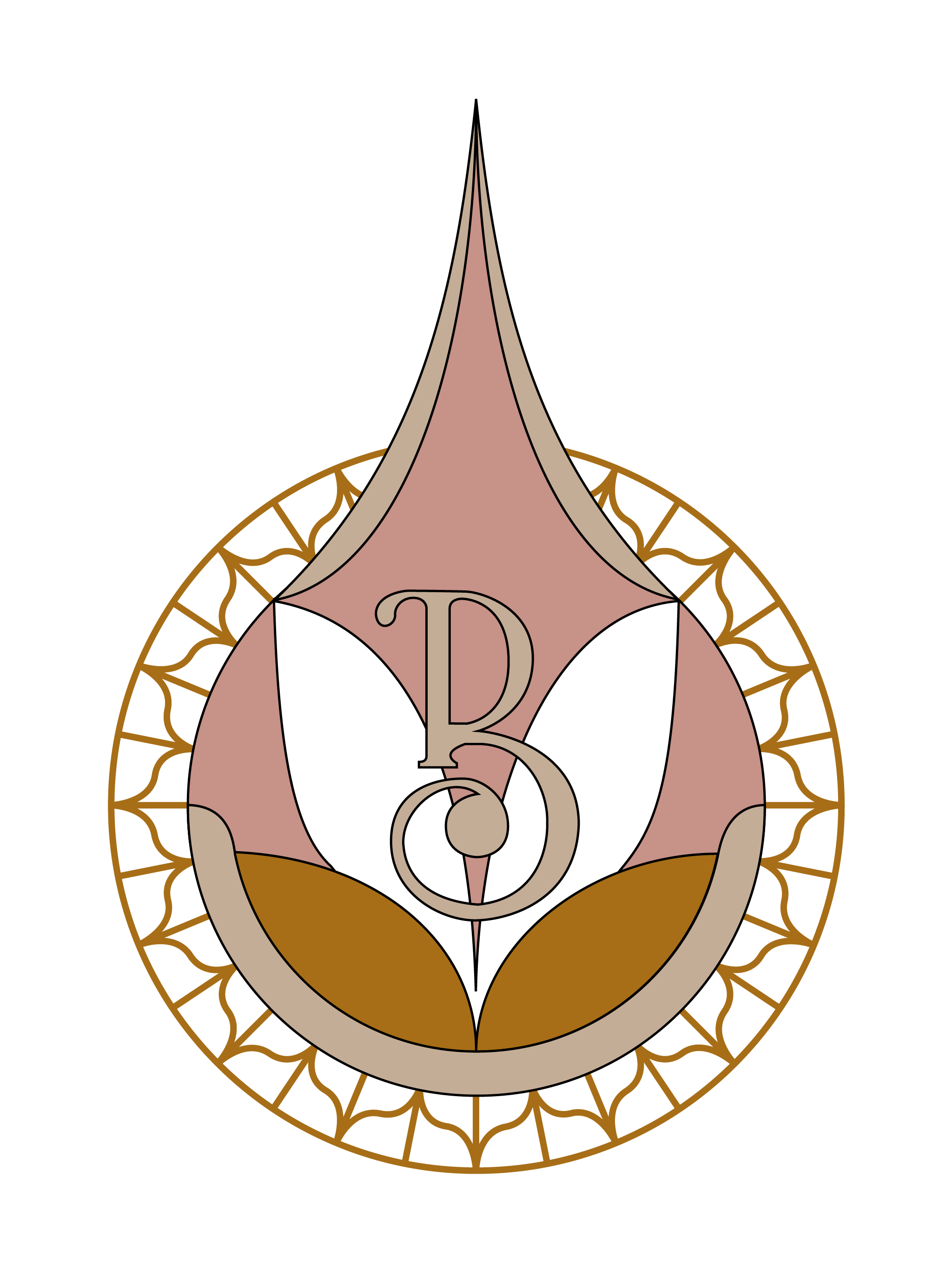 Bespoke Tile & Stone Logo. An intricate emblem with a stylized pink and linen colored face, decorative gold elements, and the letter 'B' in the center, set against a solid pale blue background.