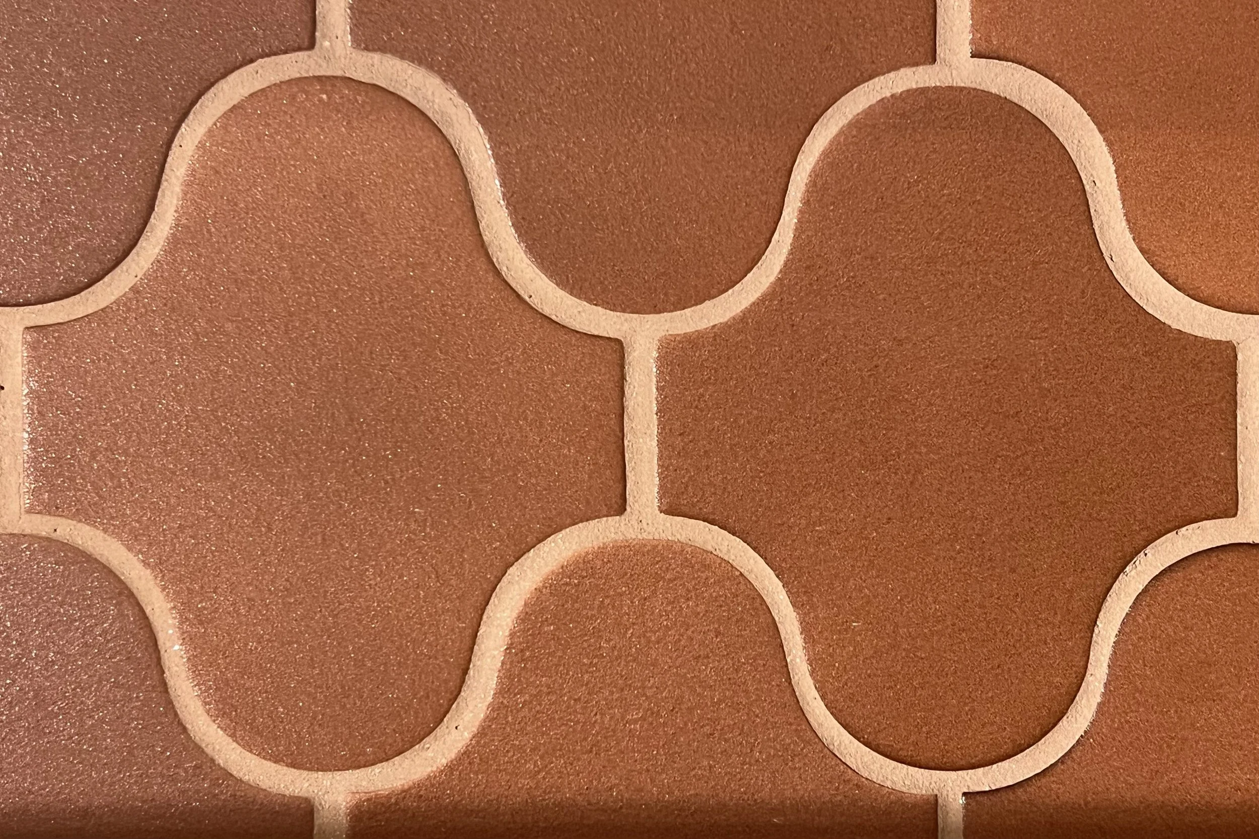 Close-up of a decorative wall with interconnected circular patterns, featuring a pinkish-beige outline on a reddish-brown background.
