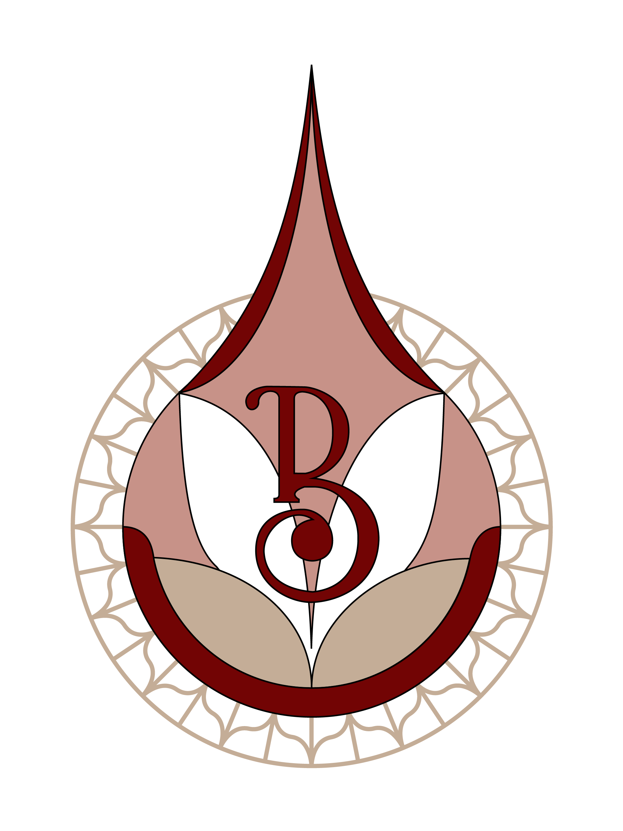 Bespoke Tile & Stone Logo. An intricate emblem with a stylized pink and deep scarlet face, decorative linen colored elements, and the letter 'B' in the center, set against a solid golden yellow background.