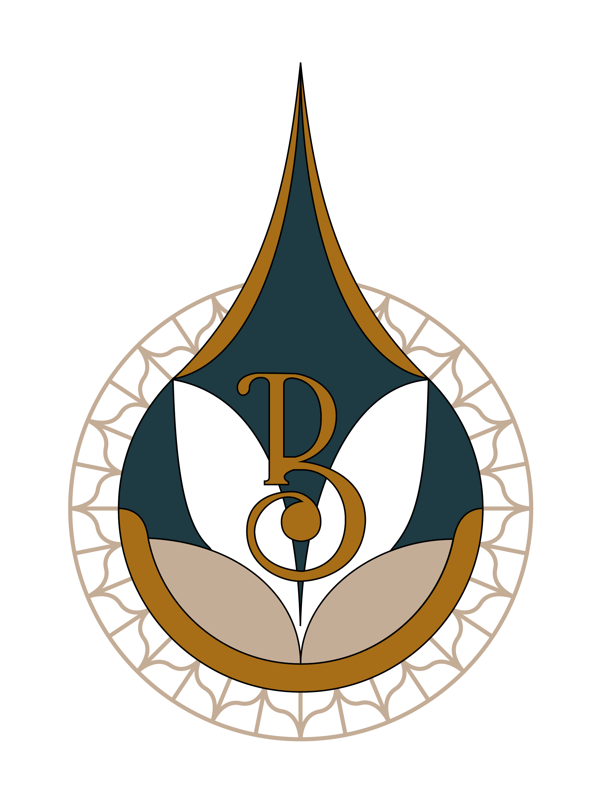Bespoke Tile & Stone Logo. An intricate emblem with a stylized gold and navy colored face, decorative linen colored elements, and the letter 'B' in the center, set against a solid deep scarlet background.
