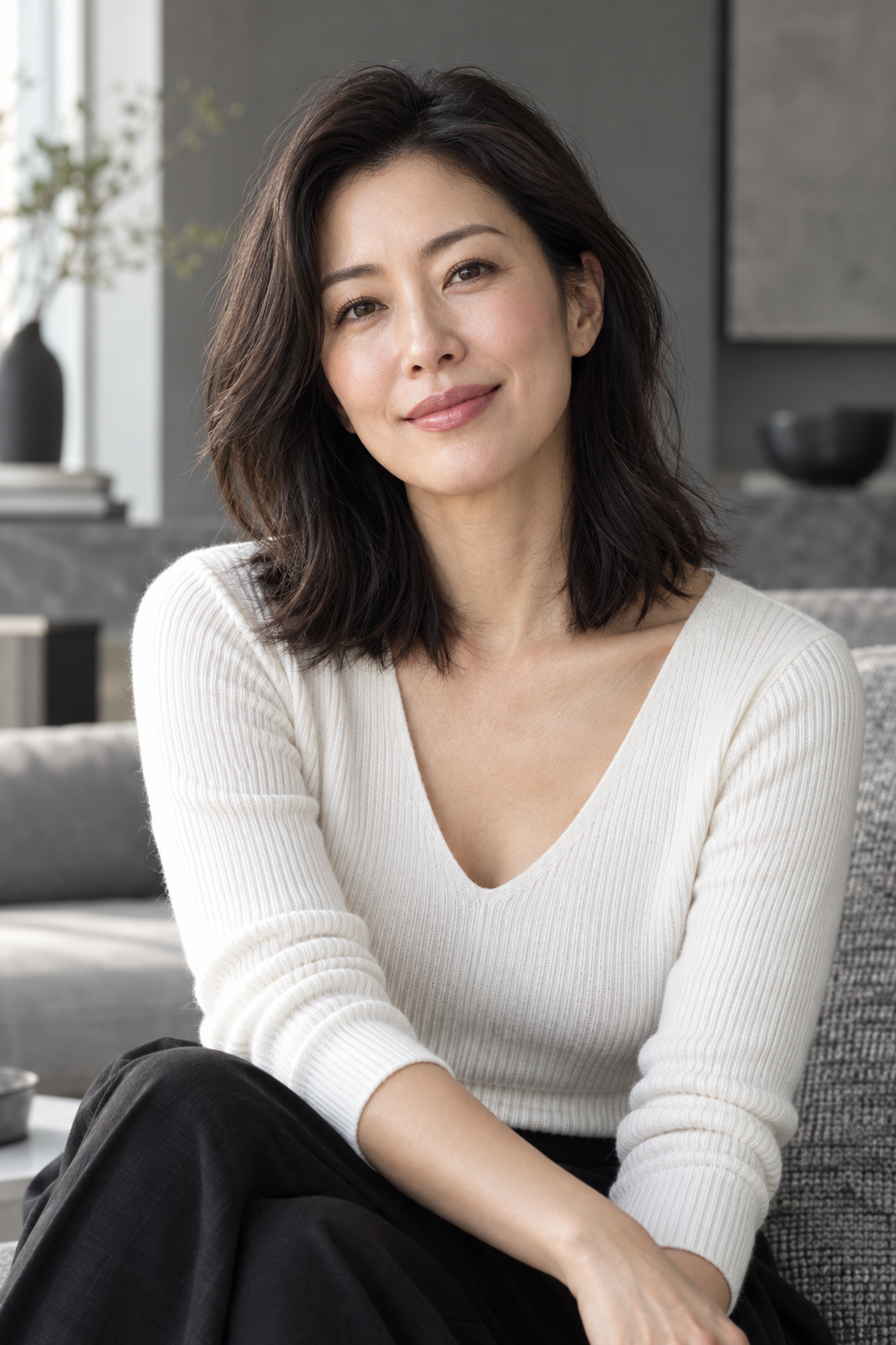 Portrait of a seated woman in a light sweater.
