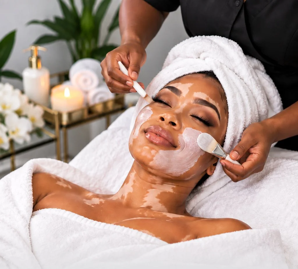 Woman receiving a facial treatment with a skincare brush.