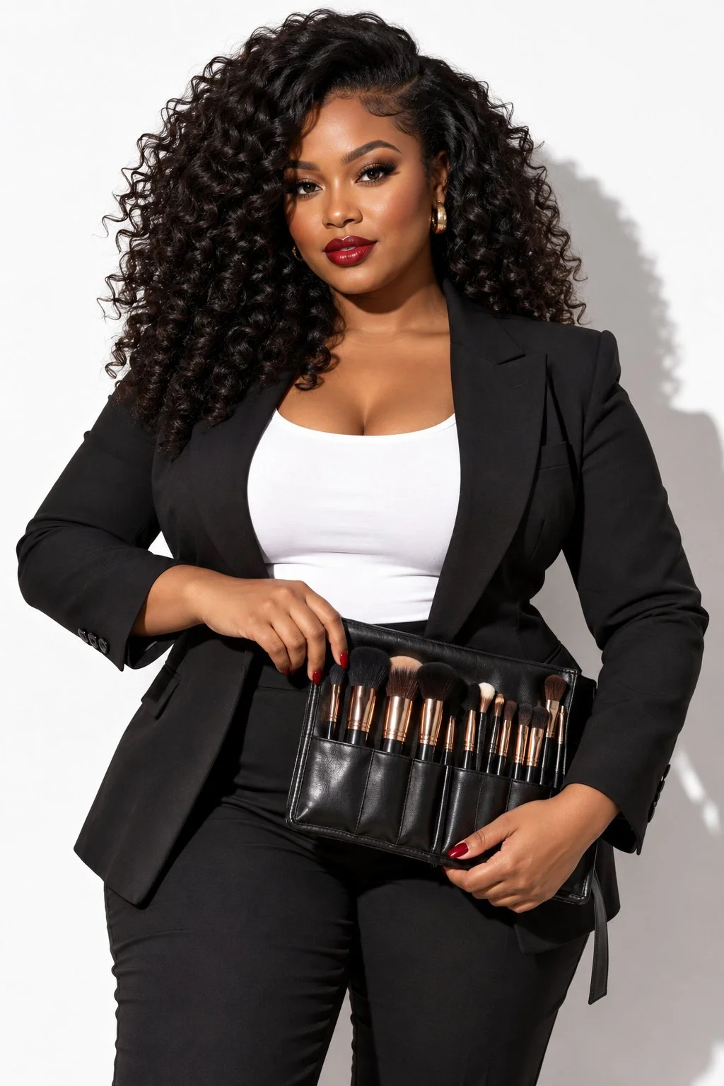 Beauty portrait of a woman with curled hair, red lipstick, and a black blazer.