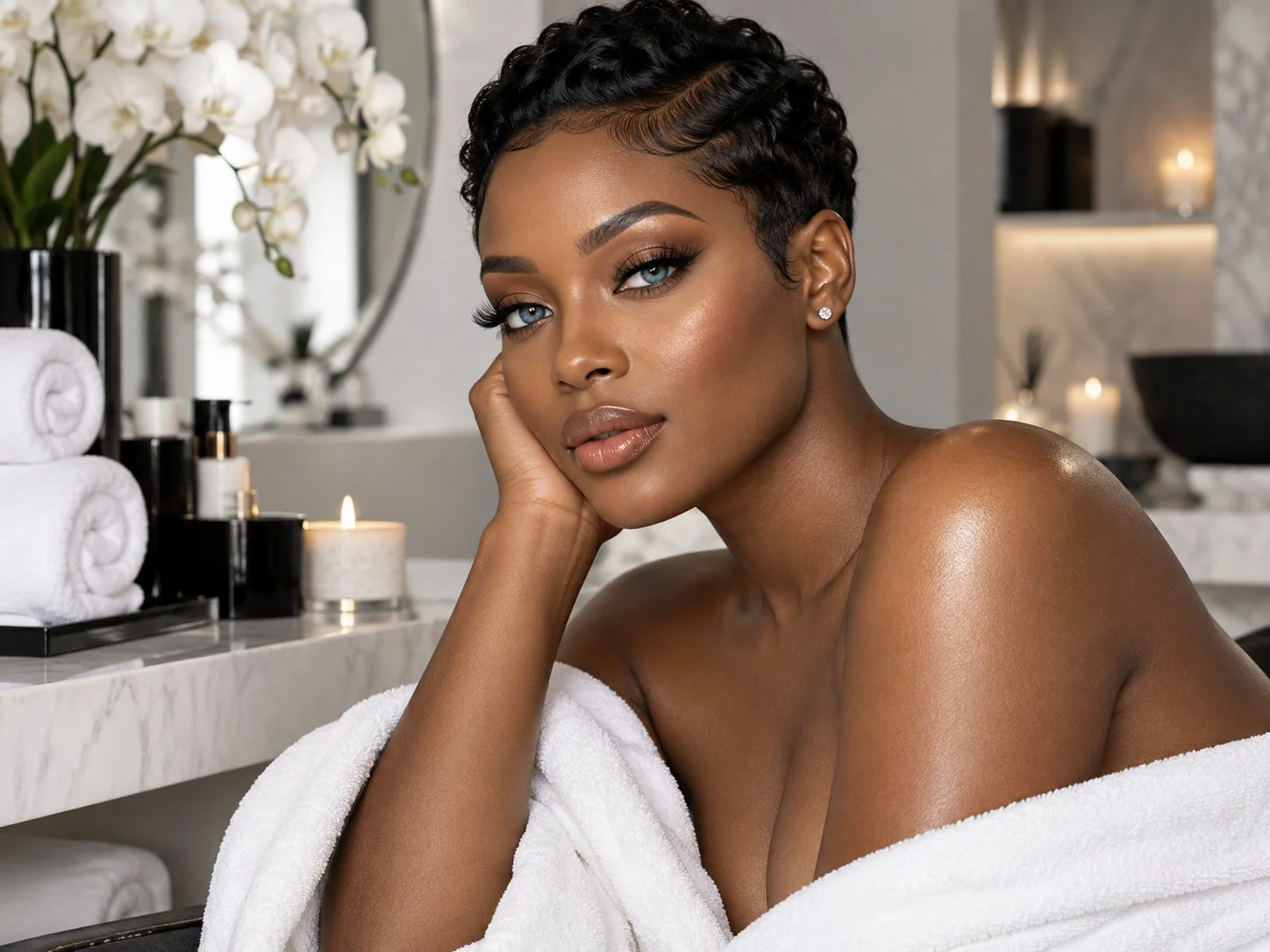 Woman with polished makeup and short styled hair in a spa setting.