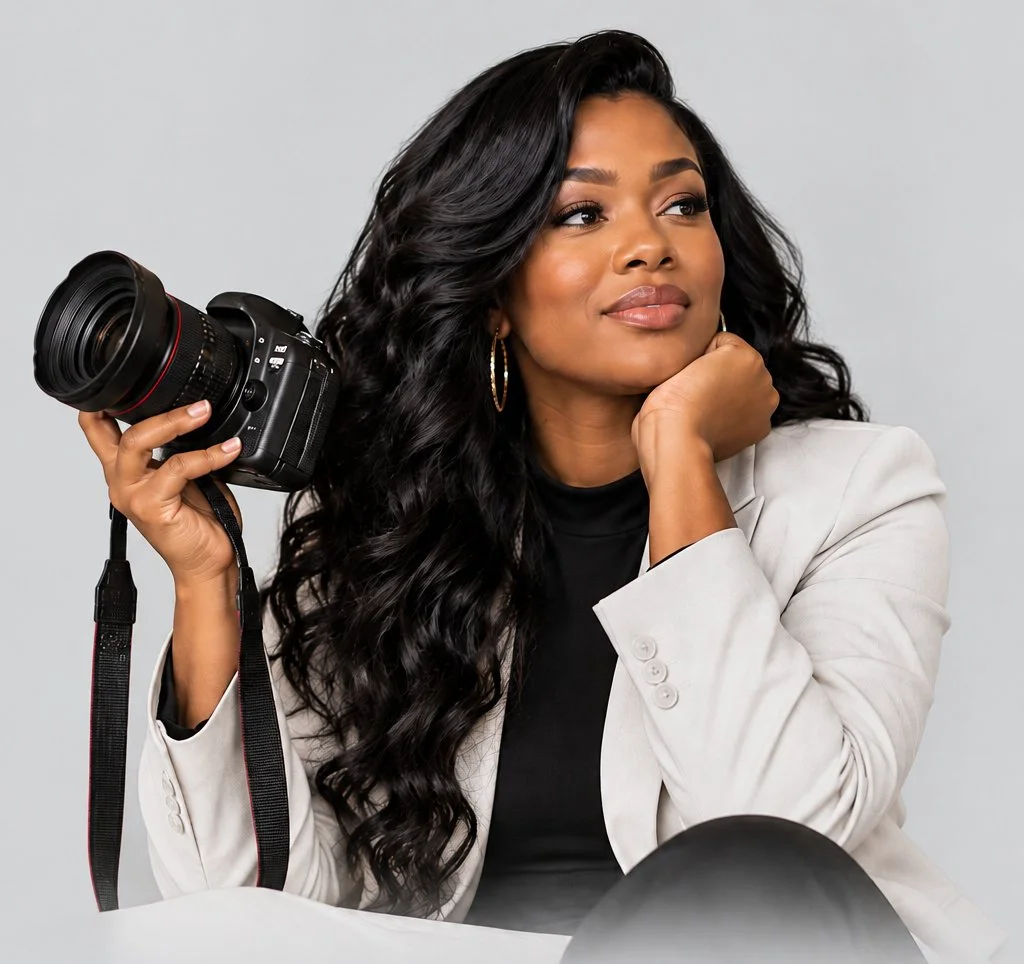 Confident woman holding a professional camera