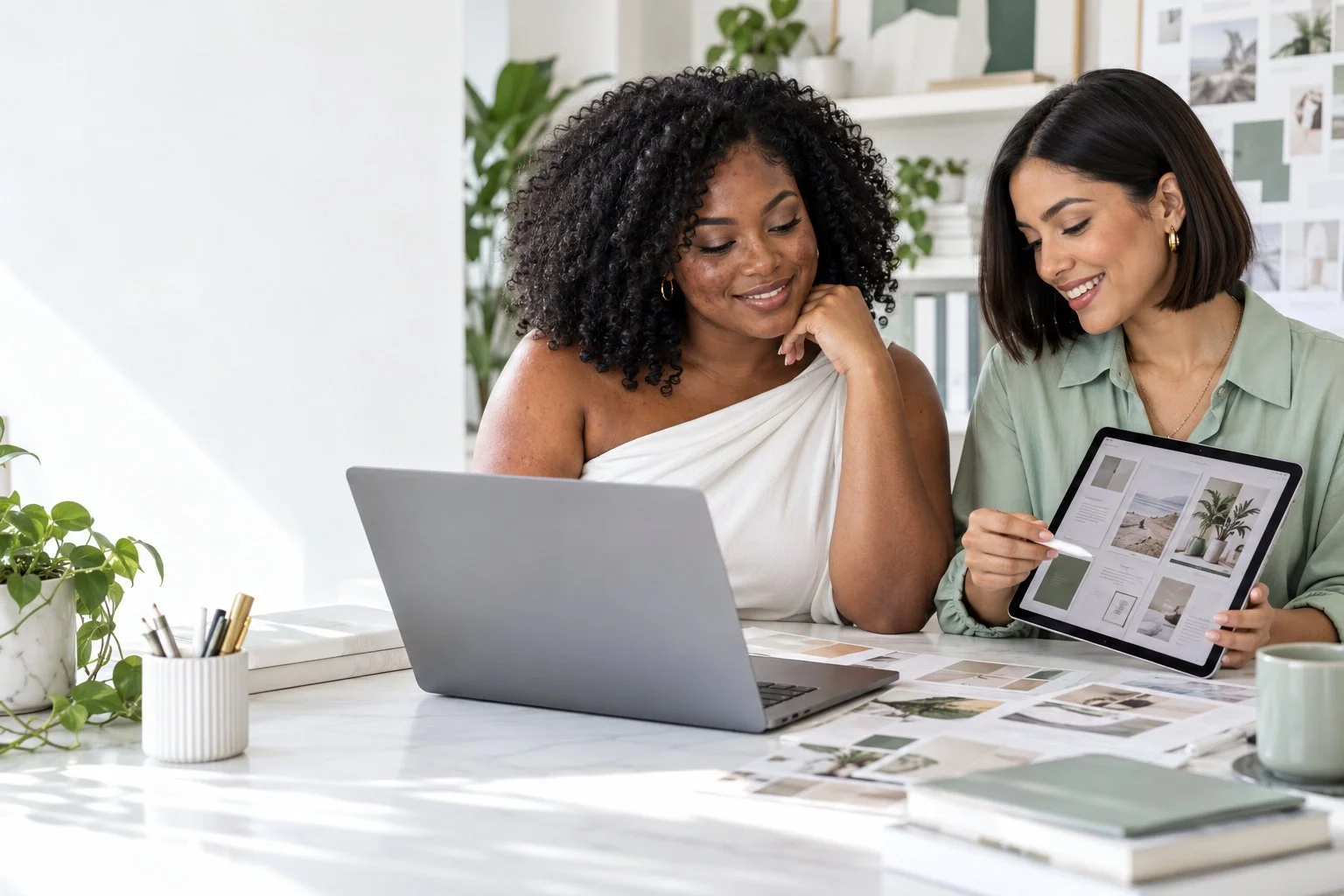 Two women planning digital products with a laptop, tablet, and design samples.