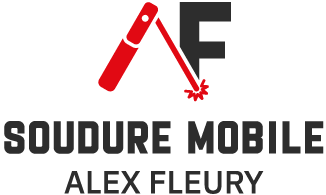 Logo de Soudure Mobile Alex Fleury, avec un fer à souder rouge formant un ‘A’ et une étincelle, texte en noir.