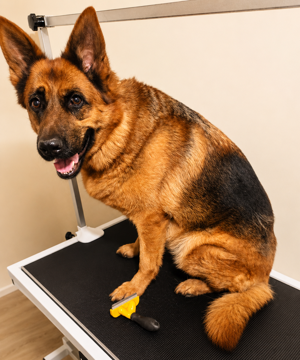 A German shepherd dog sits on the grooming table next to a brush after being washed and groomed