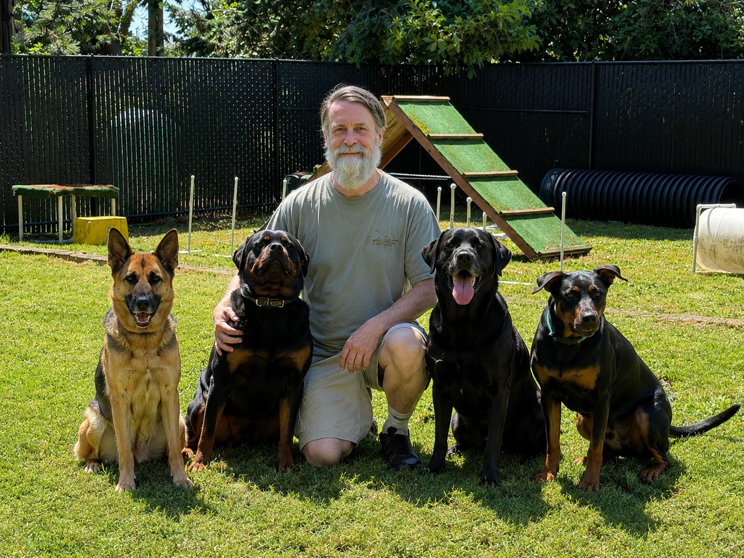 Paul and four dogs posing on the agility course looking happy after dog training, boarding, and doggy daycare