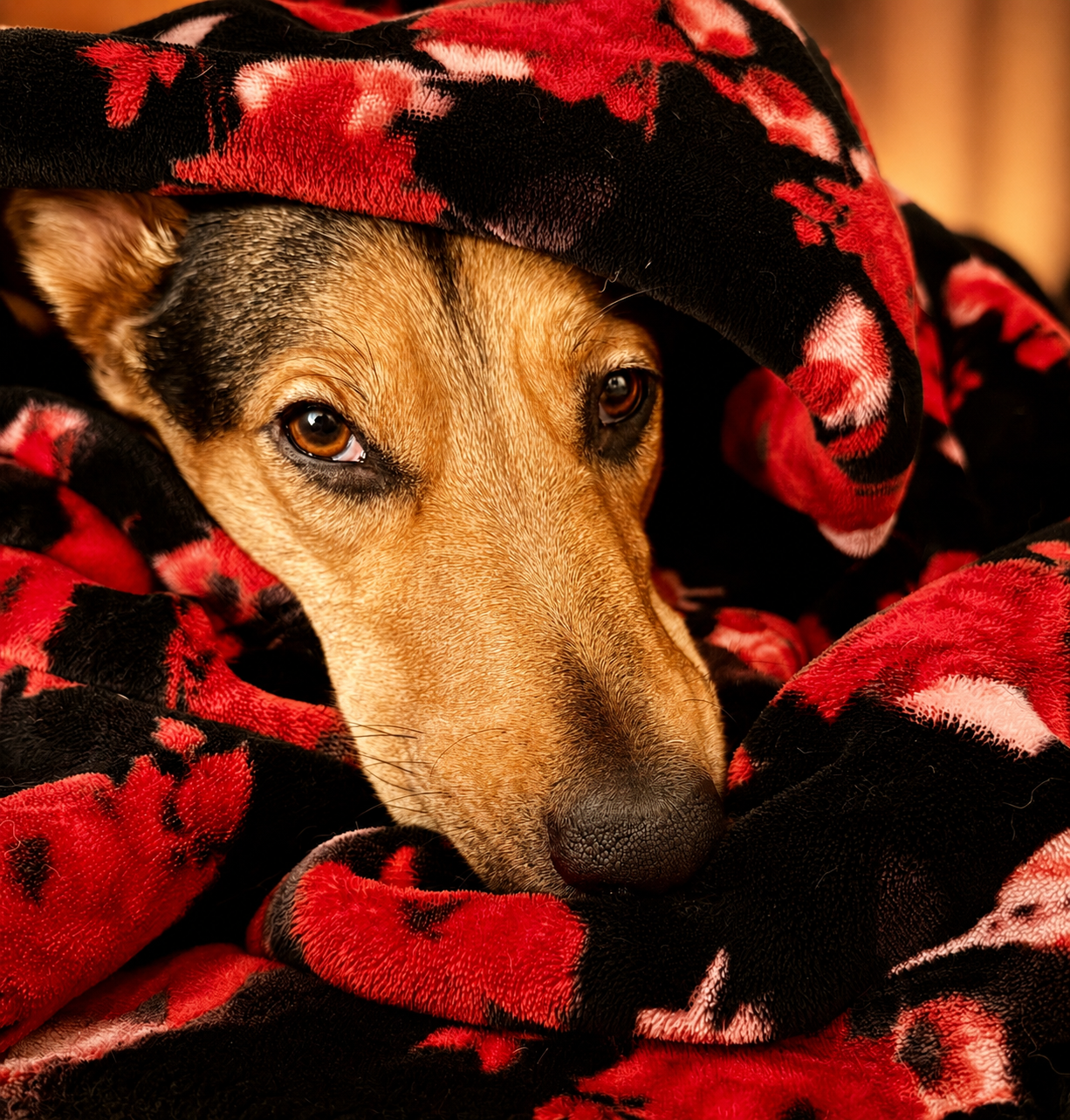 A cattle shepherd dog snuggles in a cozy blanket