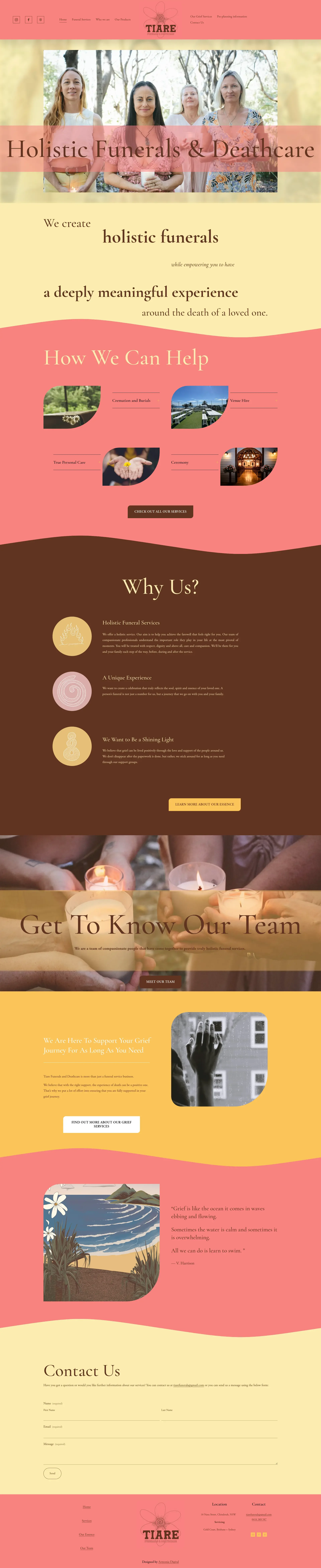 Website homepage for Tiare, offering holistic funeral and deathcare services featuring images of women, a team photo, and candles.