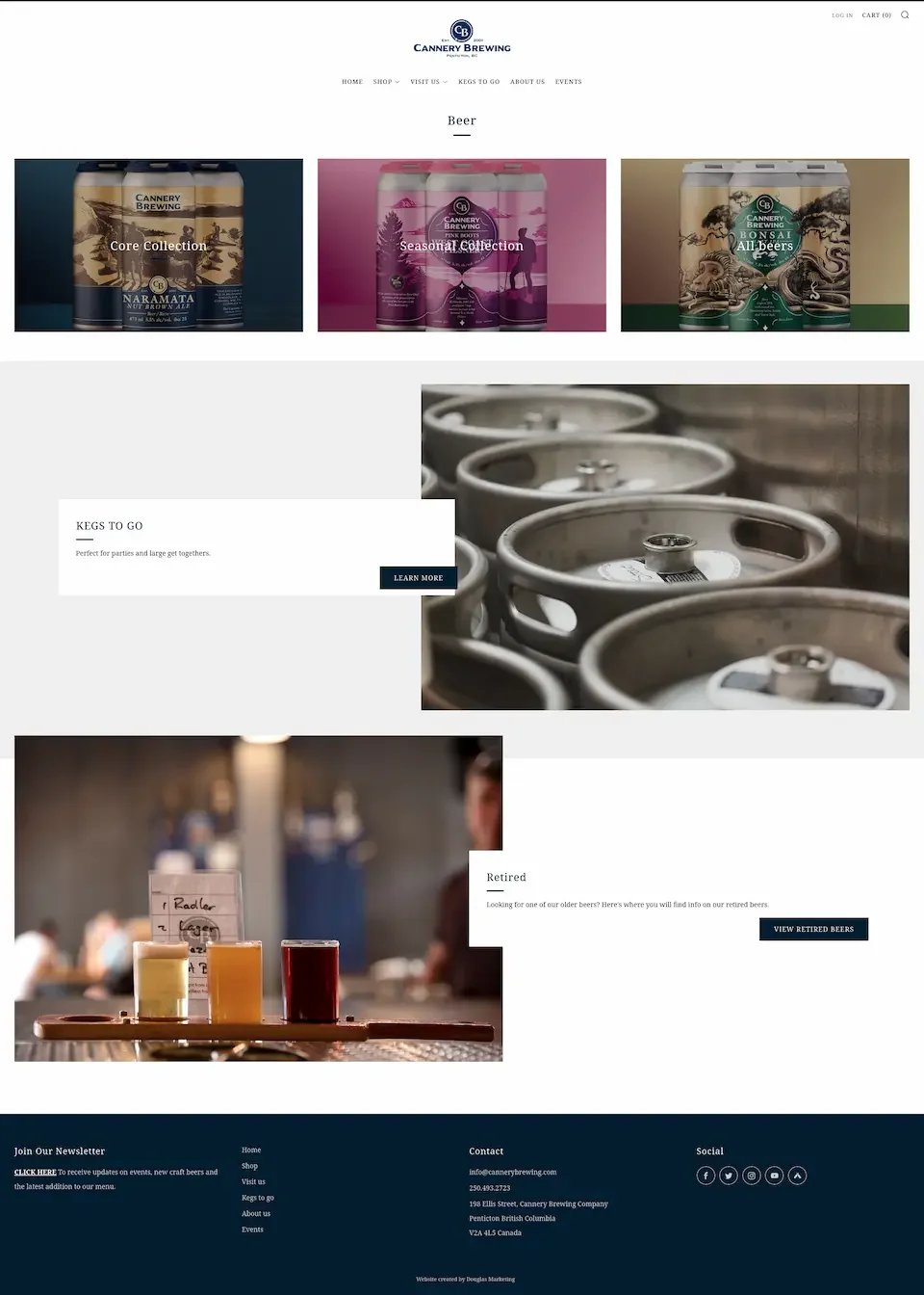 Website homepage of Cannery Brewing featuring beer cans, beer kegs, and beer glasses.