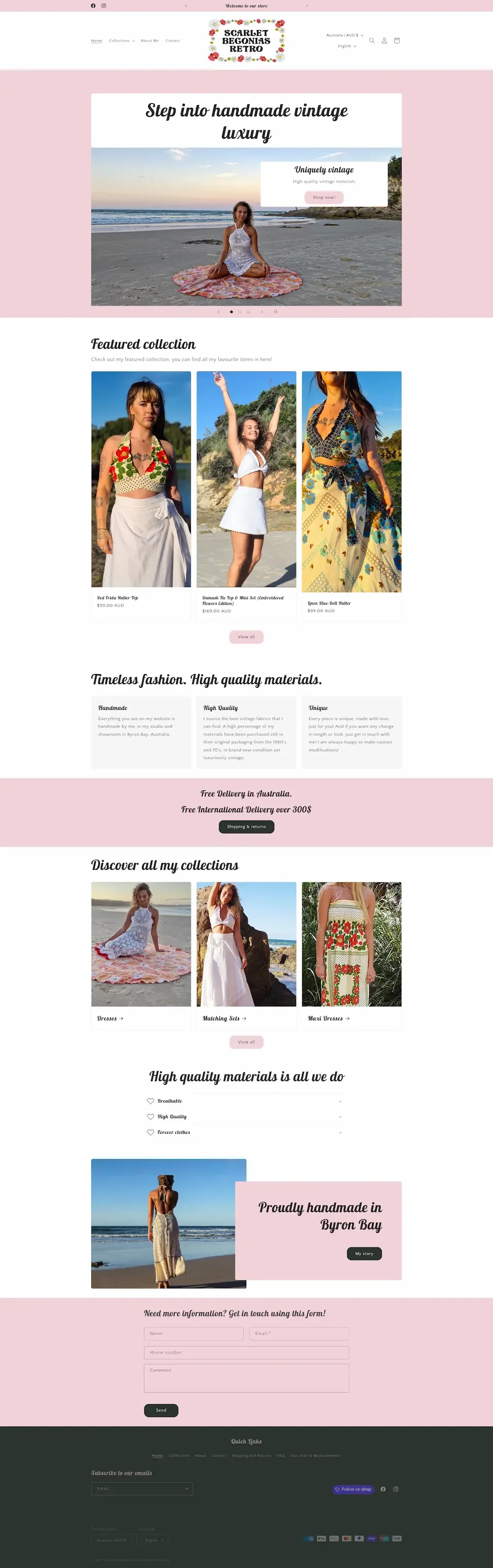 Web Page of Scarlet Begonia Retro featuring a  woman sitting on a pink, floral-patterned blanket on a beach, with ocean waves and sky in the background, promoting vintage handmade luxury fashion.