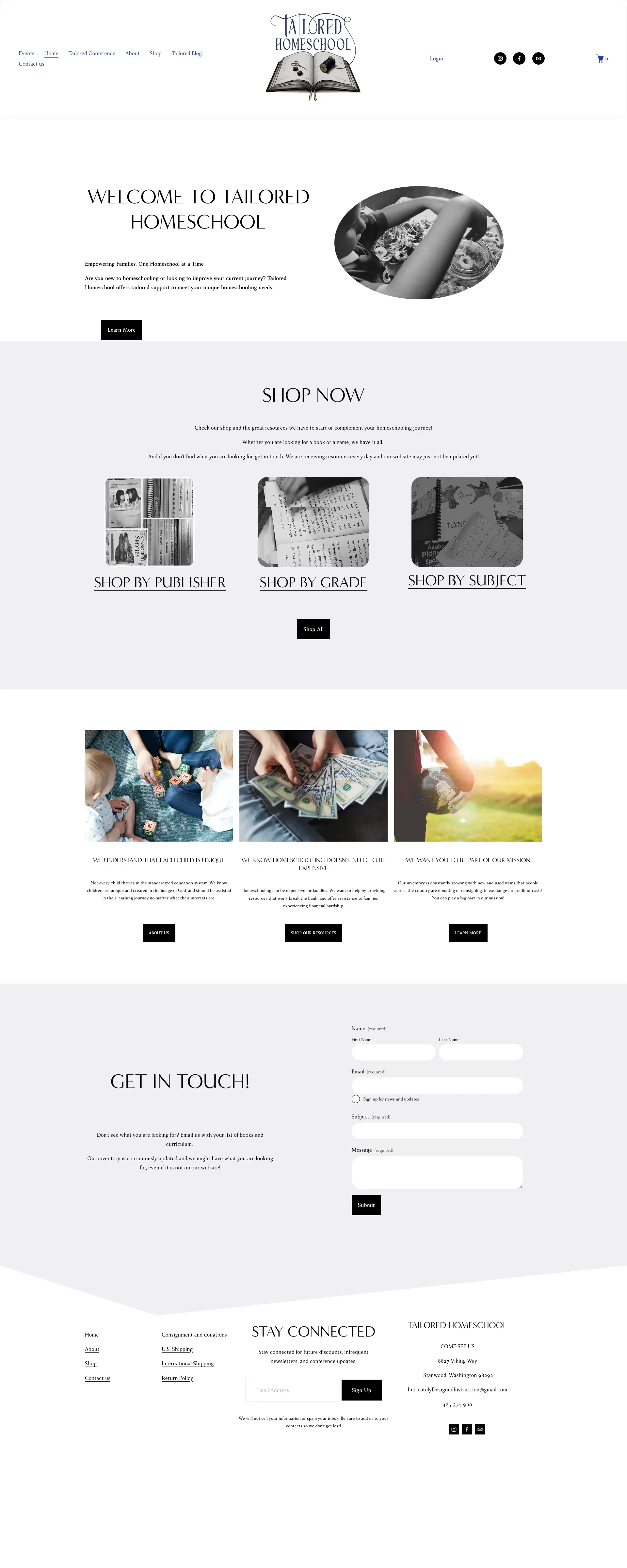 Homepage of Tailored Homeschool website, featuring navigation links, a logo with an open book, and sections about homeschooling resources, shop options, and contact info.