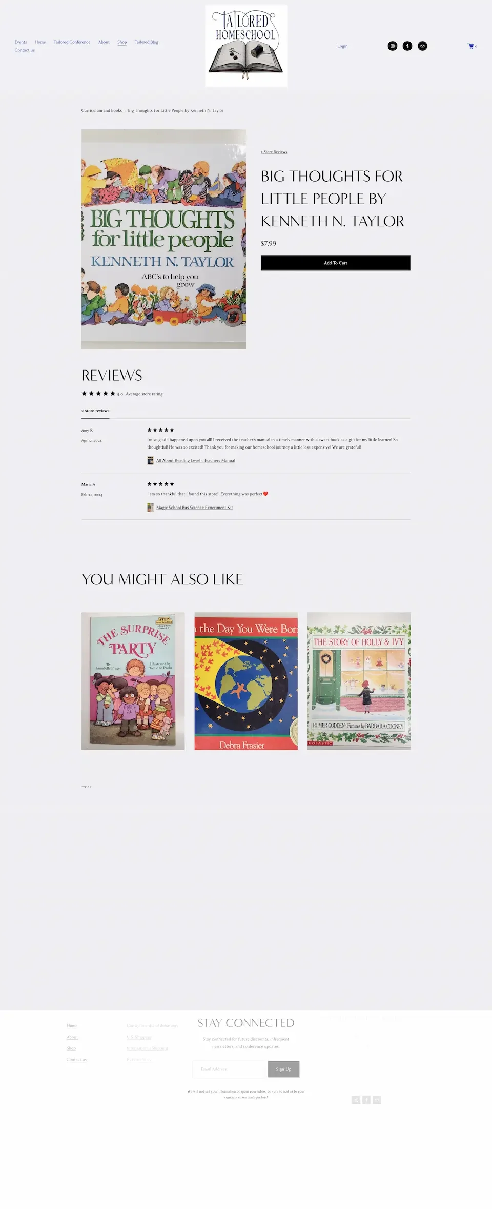 Screenshot of a webpage for Tailored Homeschooling book store featuring the book "Big Thoughts for Little People" by Kenneth N. Taylor, with reviews, recommended similar books, and a navigation menu.