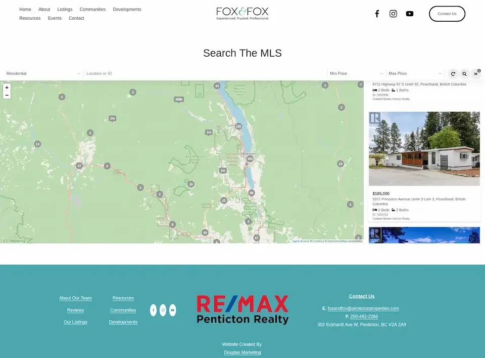 Screenshot of a real estate website showing a map of the Penticton area, with property listings and photos of homes on the right side.