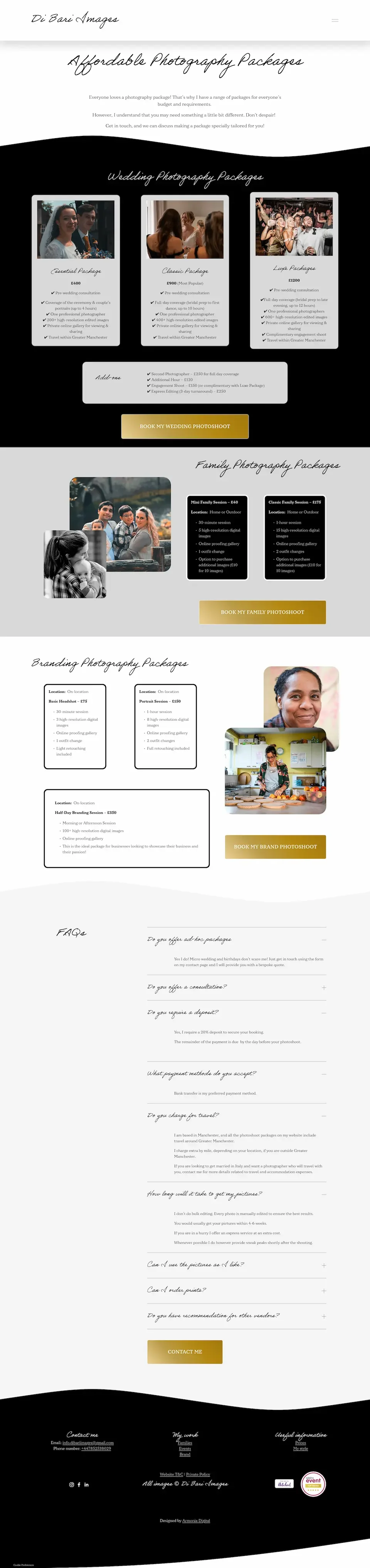 A webpage showcasing wedding, family, and branding photography packages by Di Bazi Images. The page features sections with package details, images of clients, and contact information, with a black and white design and gold accents.