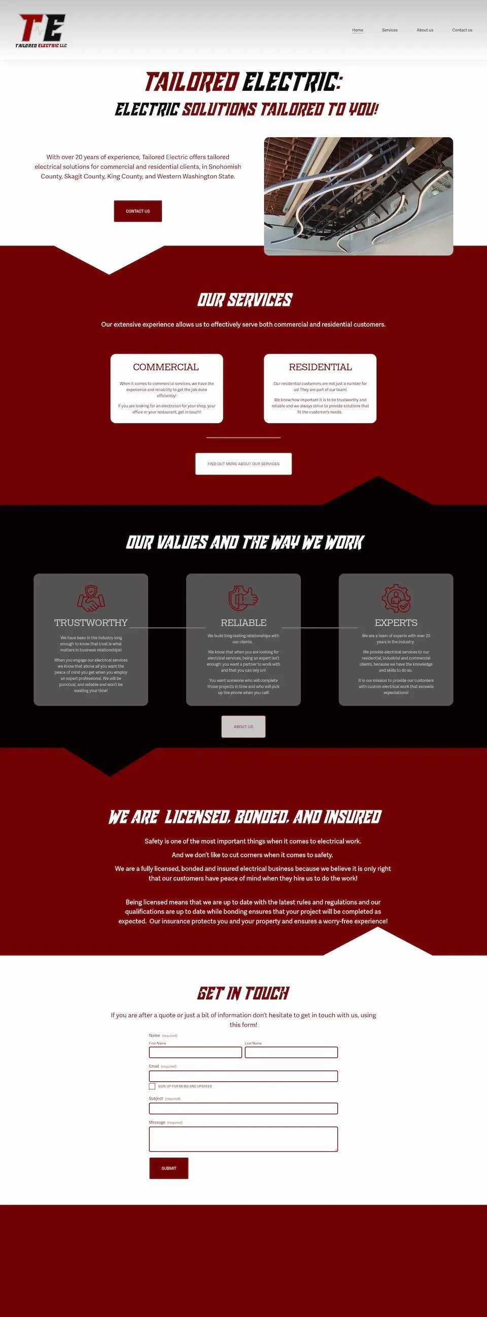 Screenshot of a website homepage for Tailored Electric LLC featuring sections on services, values, and a contact form, with an image of electrical wiring.