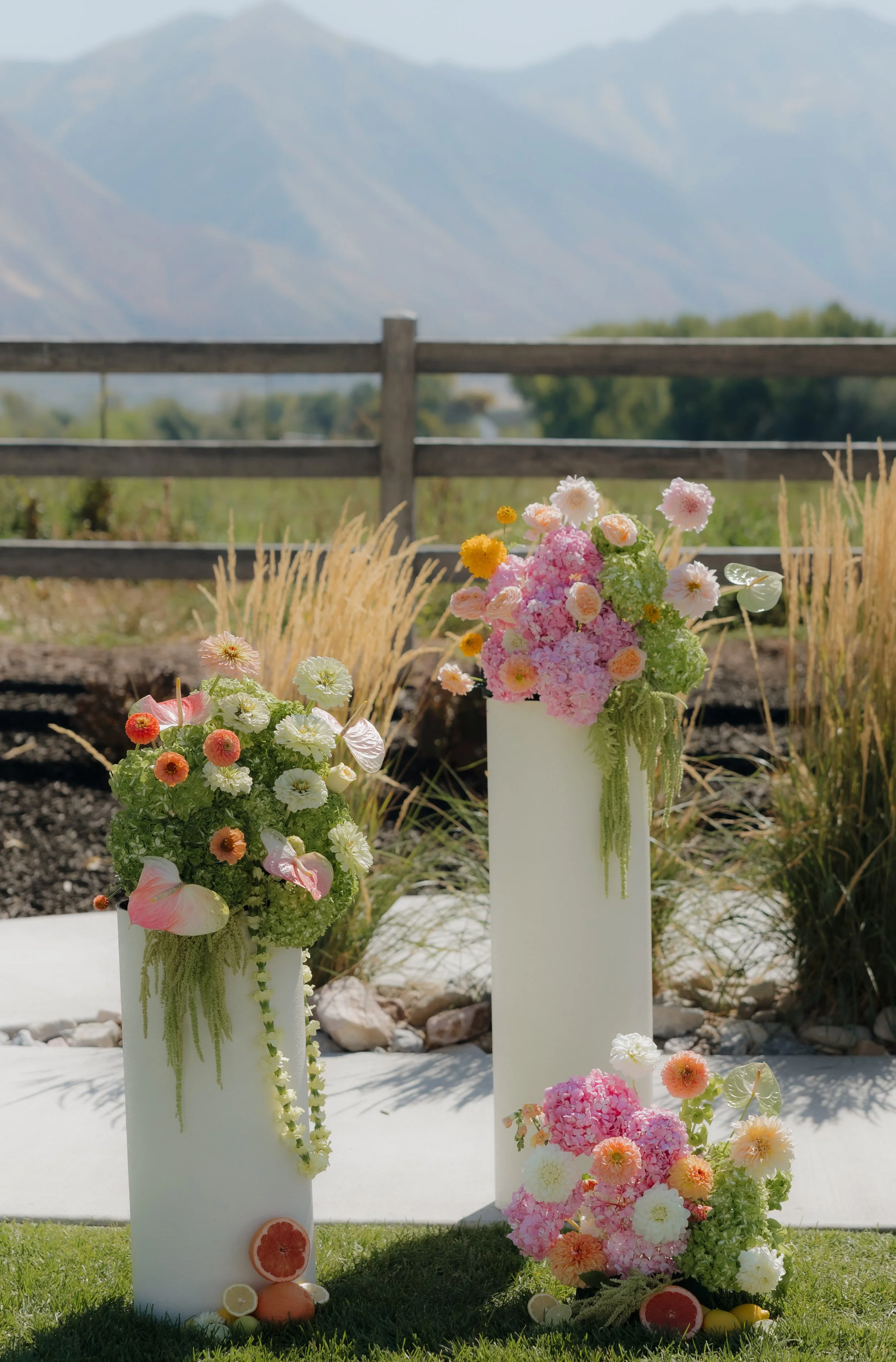 Colorful flower arrangements, including pink, peach, white, and yellow blooms, placed in white vases outdoors against a backdrop of green hills in Dallas, Texas