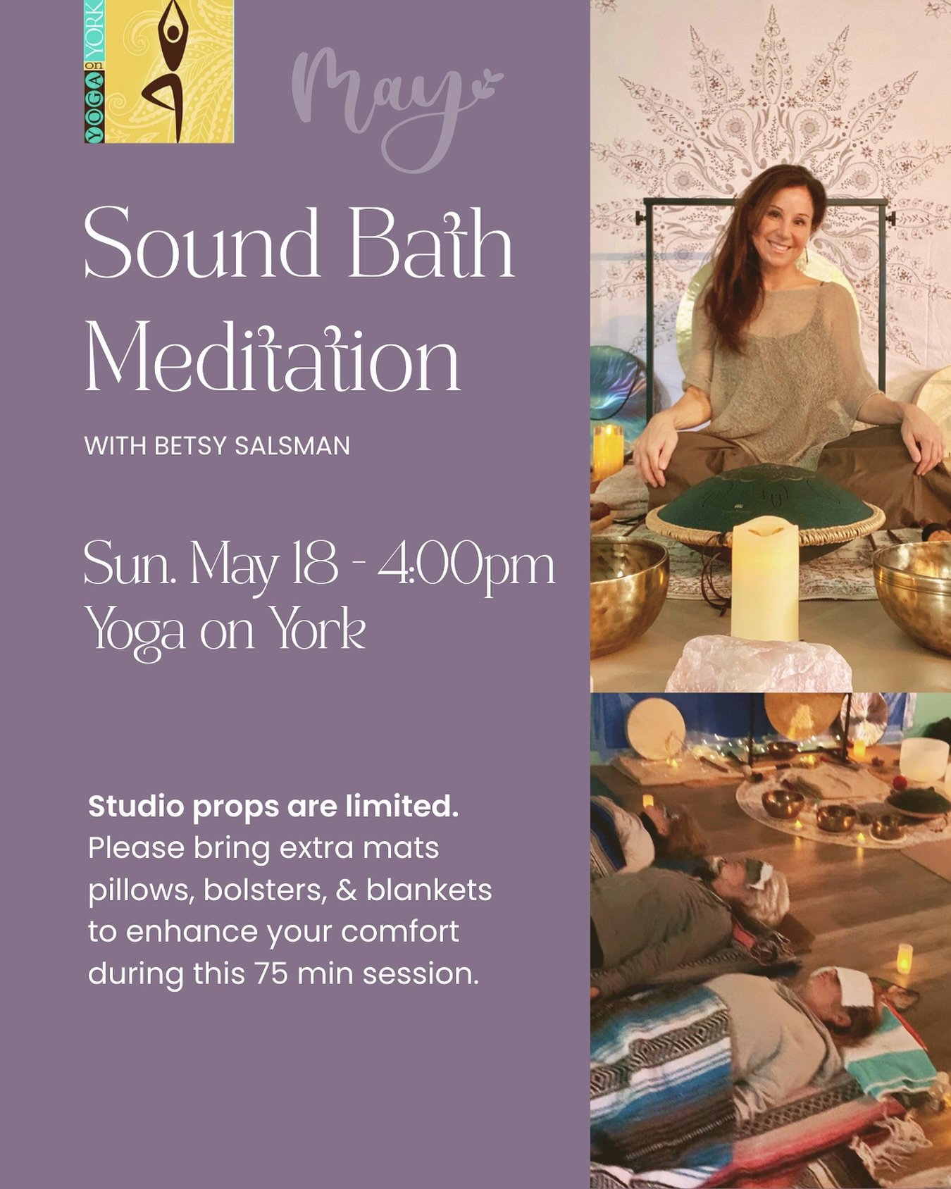Join us @yogaonyork this Sunday, May 18th at 4:00pm for a 75 minute Sound Bath Meditation! 🎶Let go of any tension and embrace a profound sense of relaxation and inner peace as you are &ldquo;bathed&rdquo; in sound waves. This deeply-immersive, full-
