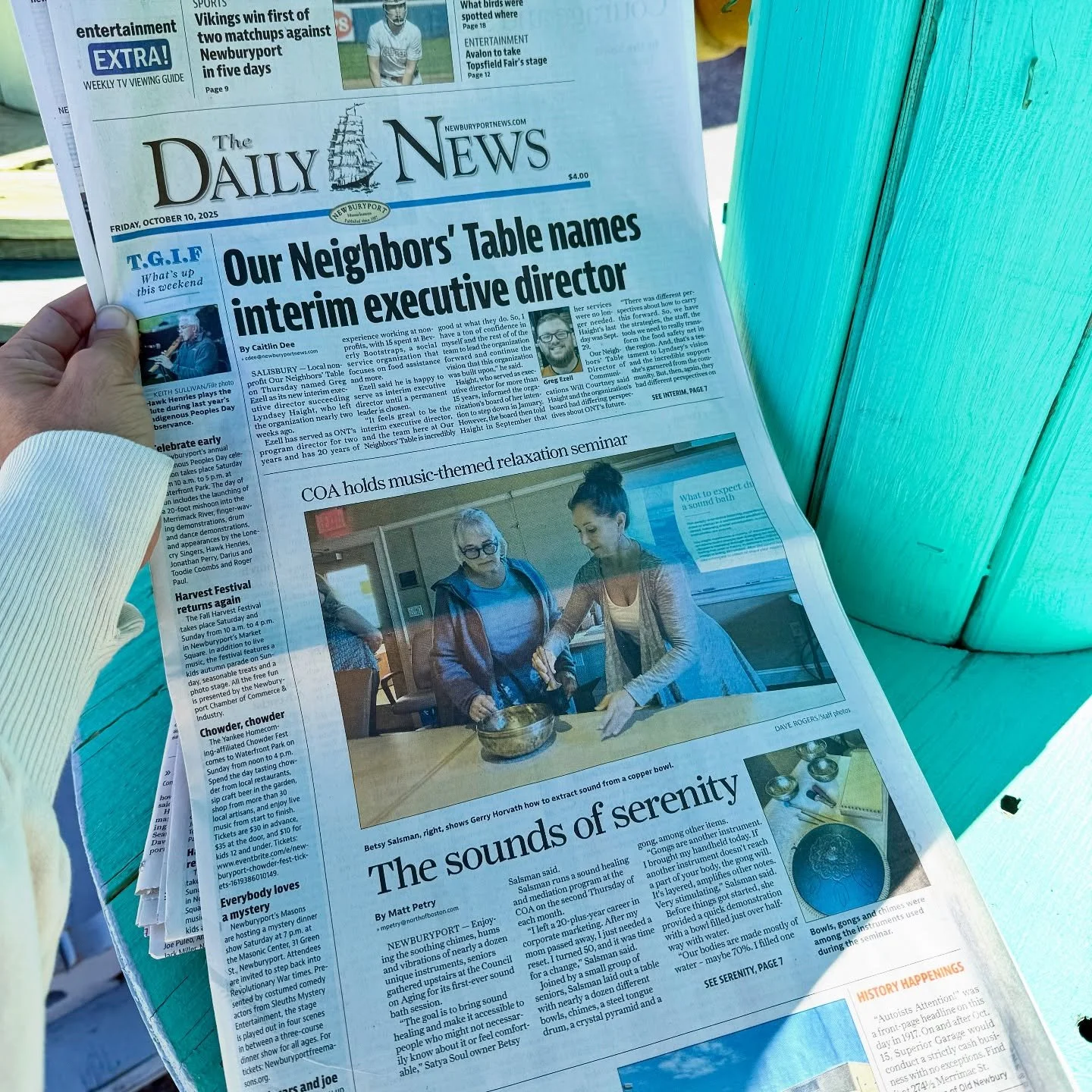 Satya Soul | Sound Healing & Meditation makes front page news. 🥰
NEWBURYPORT — Enjoying the soothing chimes, hums and vibrations of nearly a dozen unique instruments, seniors gathered upstairs at the Council on Aging for its first-ever so