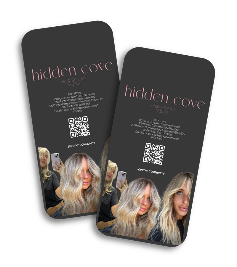 Promotional flyer for Hidden Cove Hair Studio NOSA, featuring a woman with long wavy blonde hair, a QR code, and membership points details.