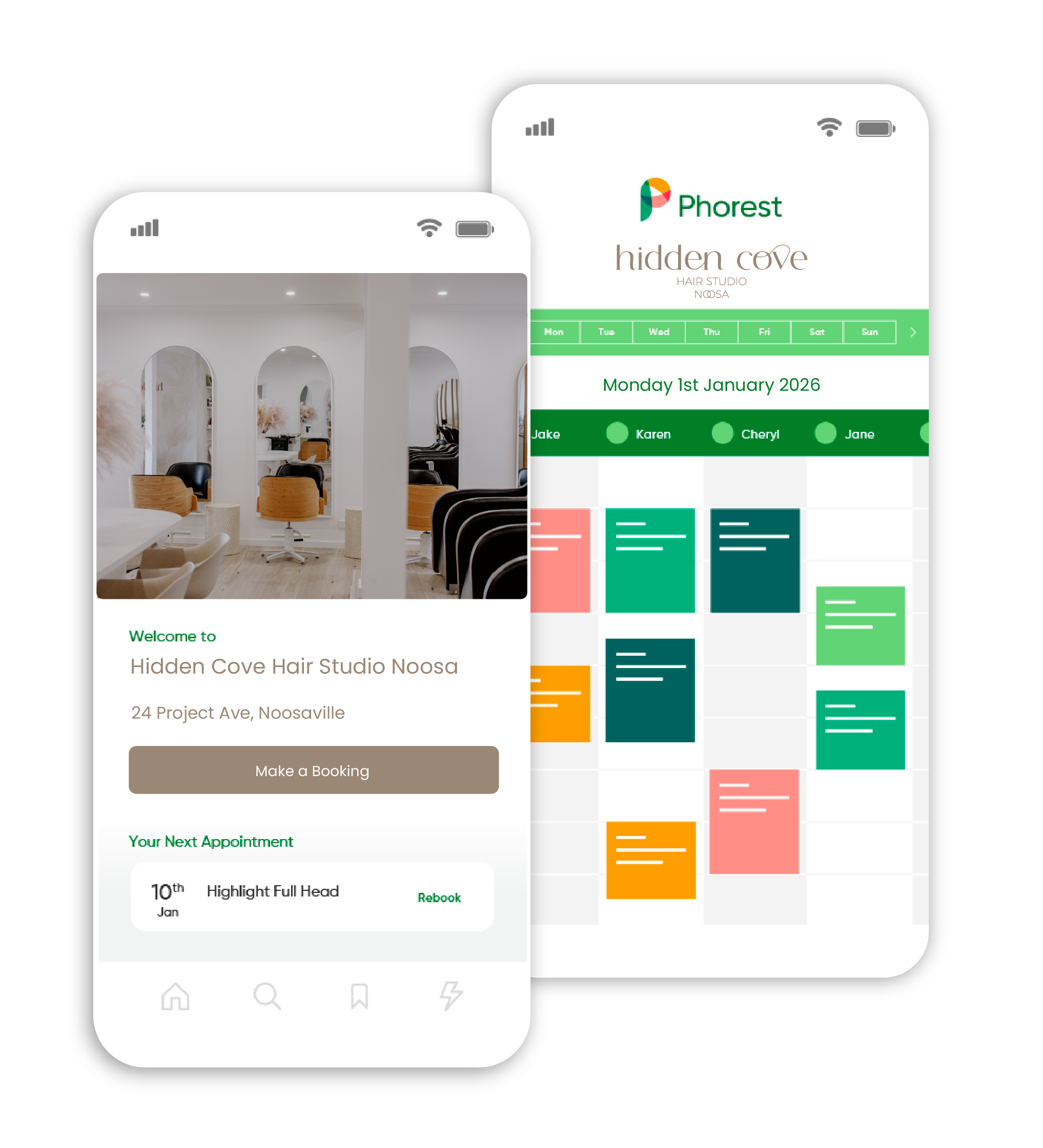 Two smartphone screens displaying a salon's appointment booking app and schedule. The first screen shows the salon's interior, name, address, and an appointment. The second screen shows a weekly calendar with appointments scheduled for January 1, 2026.