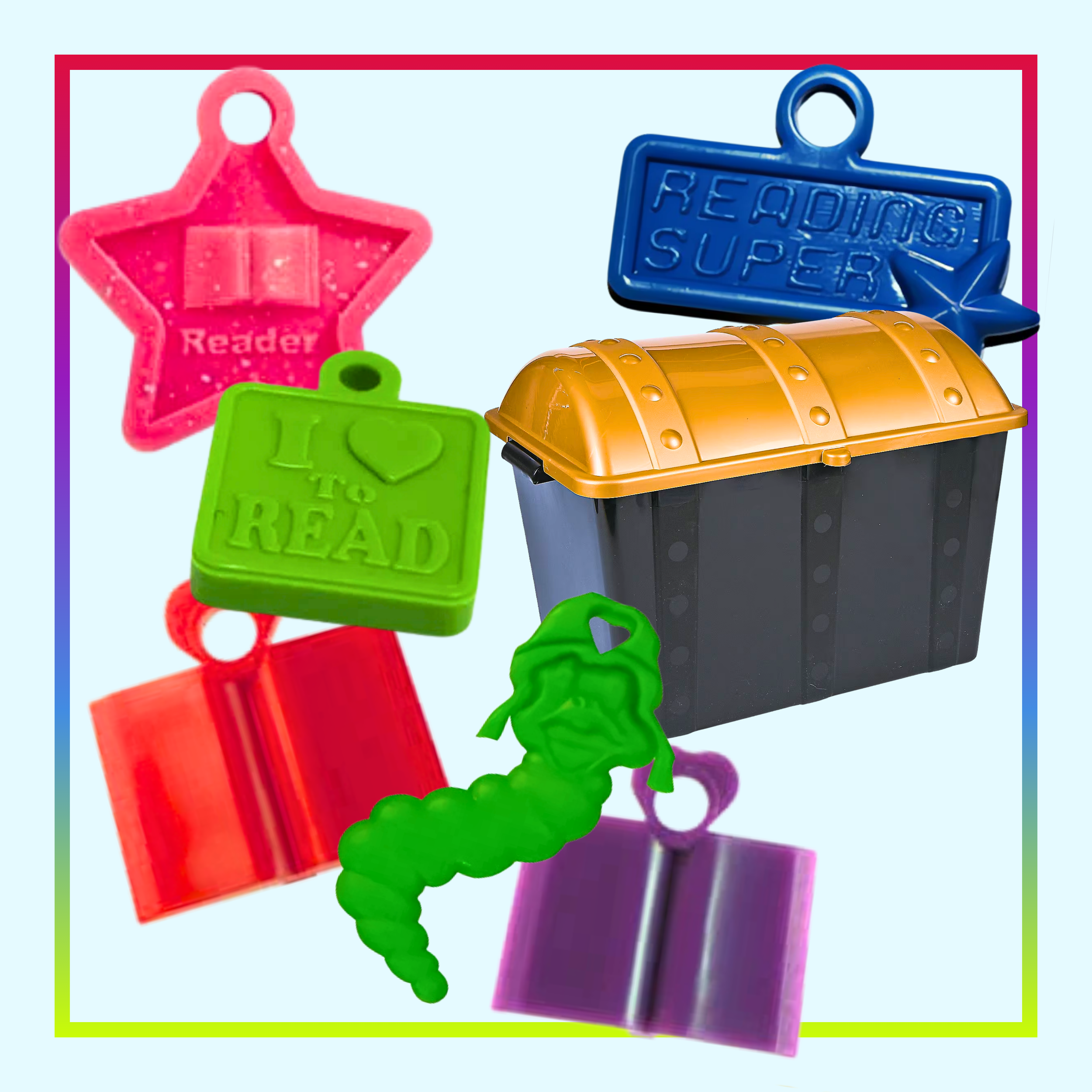 plastic charms in various colors. Treasure chest prize box.