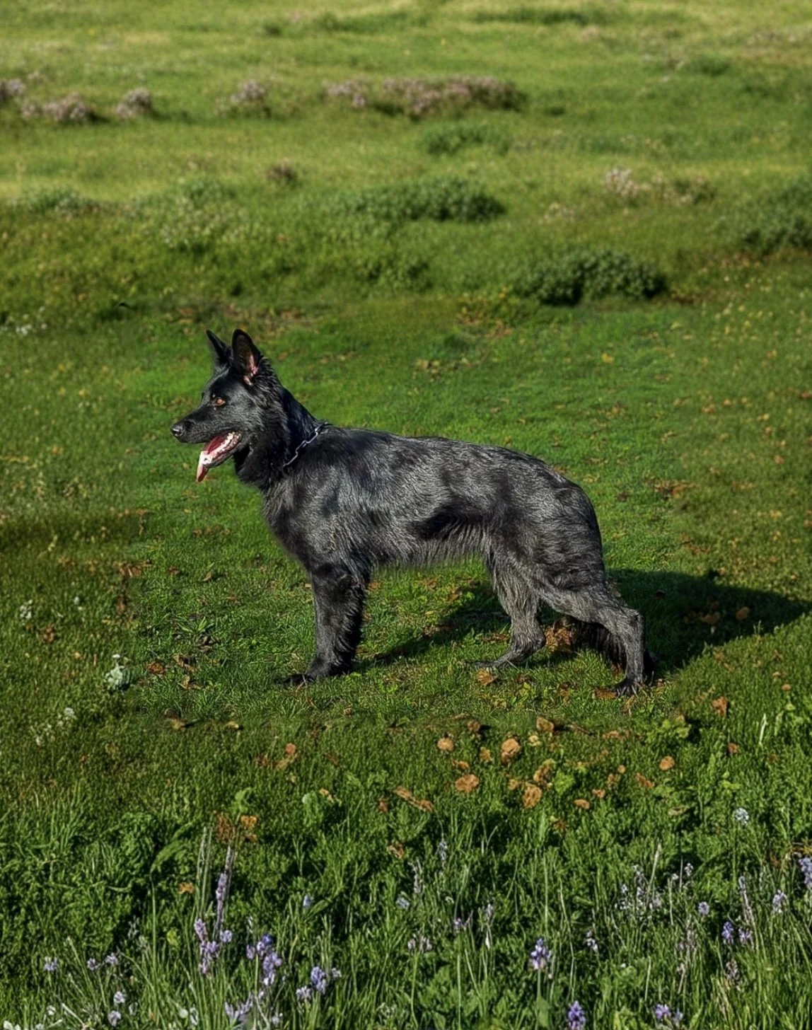 A black and gray Australian Shepherd dog standing on green grass with wildflowers and a blurred grassy hill in the background