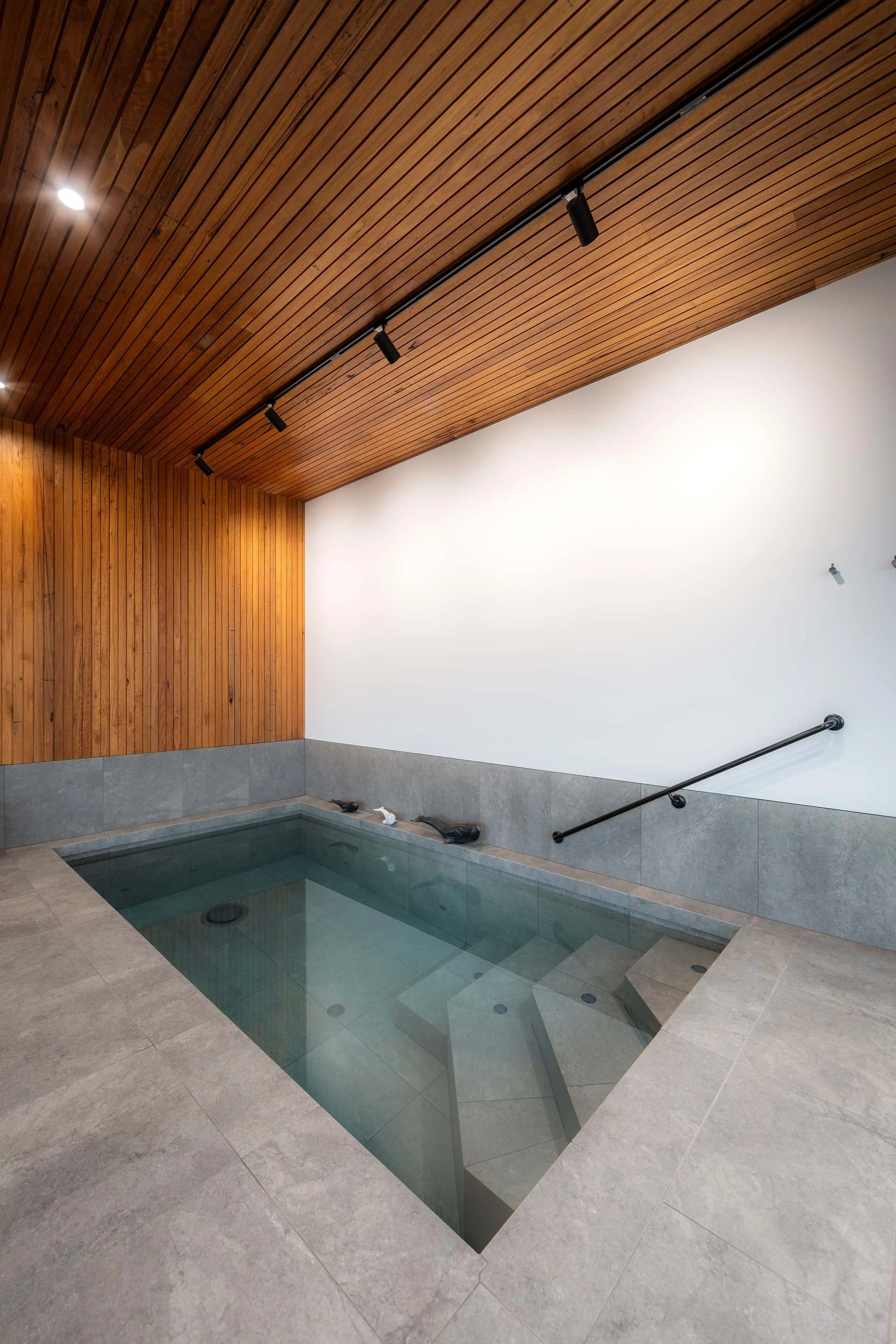 Modern indoor swimming pool with timber-lined walls and ceiling, tiled finishes and glass doors to an outdoor area