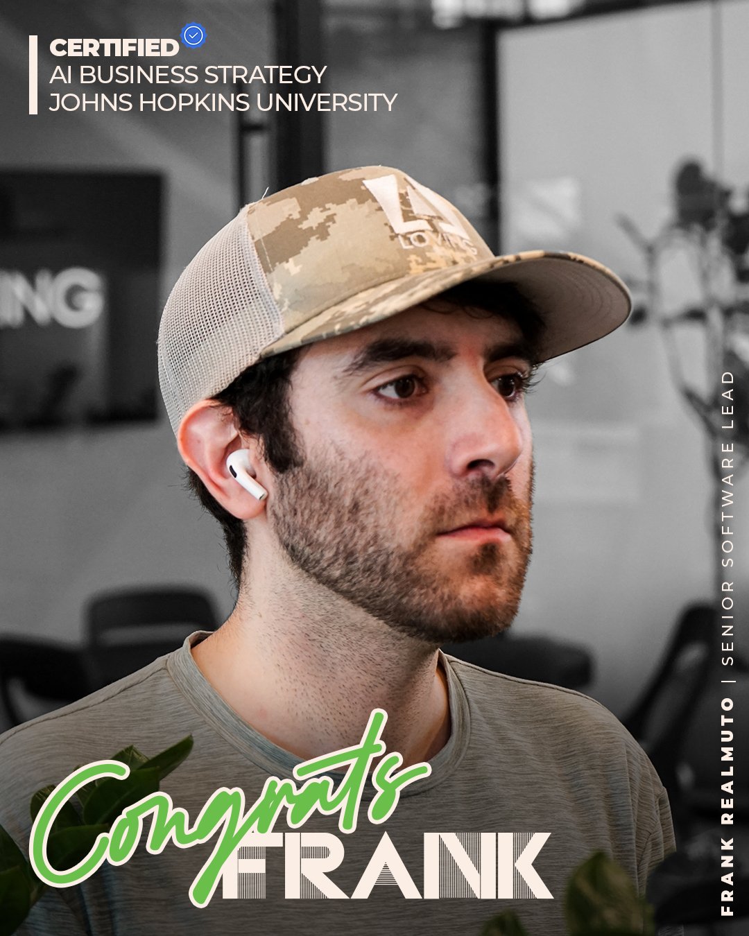 Congrats to our very own Frank &quot;F1&quot; Realmuto on earning his AI Business Strategy certificate from @johnshopkinsu. We are beyond blessed by your commitment to growth and innovation. Thank you for the many ways that you push our TEAM and indu