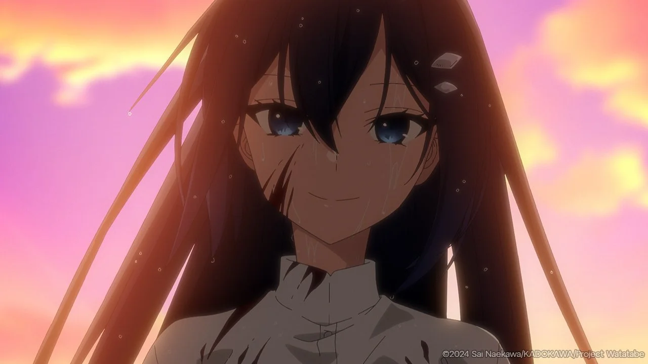 Shiori smiling covered in water and blood