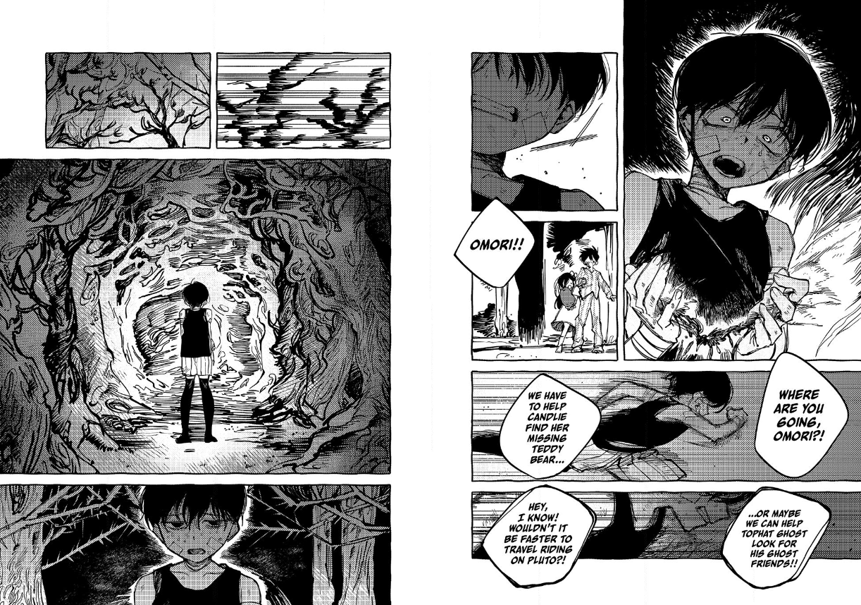 Omori looking at the destroyed flower crown and running away to the woods near Basil's house