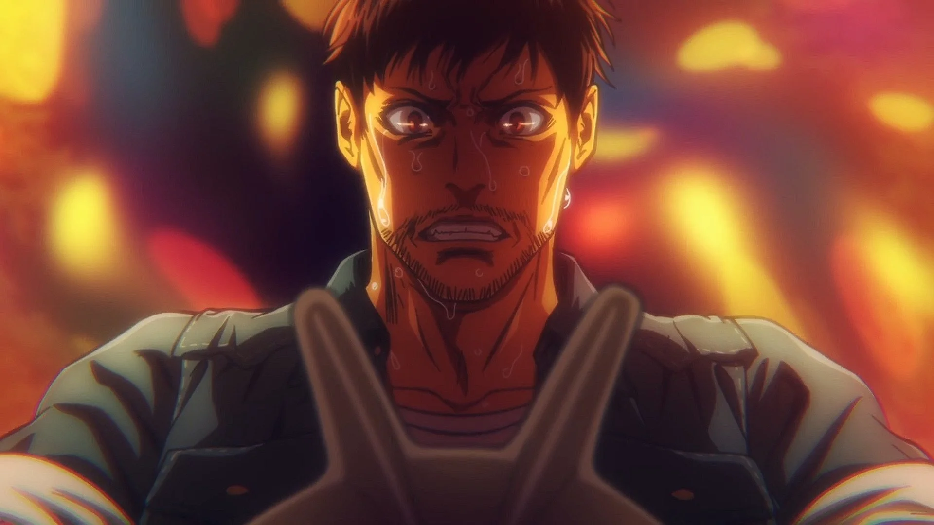 Tojima's conflicted face looking at the plastic kamen rider mask he is holding