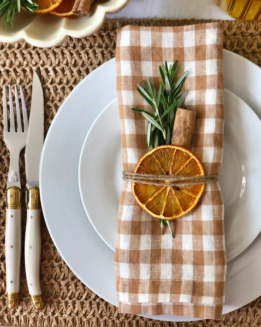 Caramel Gingham 100% French Flax Linen Napkin (Set of 6)