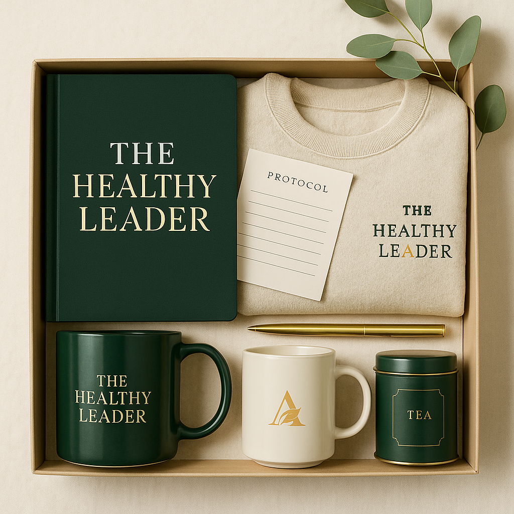A boxed set of wellness and leadership items including a dark green planner titled 'The Healthy Leader', a beige sweatshirt with 'The Healthy Leader' printed on it, a small notepad labeled 'Protocol', a gold pen, a dark green mug with 'The Healthy Leader', a white mug with a gold logo, and a dark green tea tin with gold accents, all arranged with a sprig of greenery.