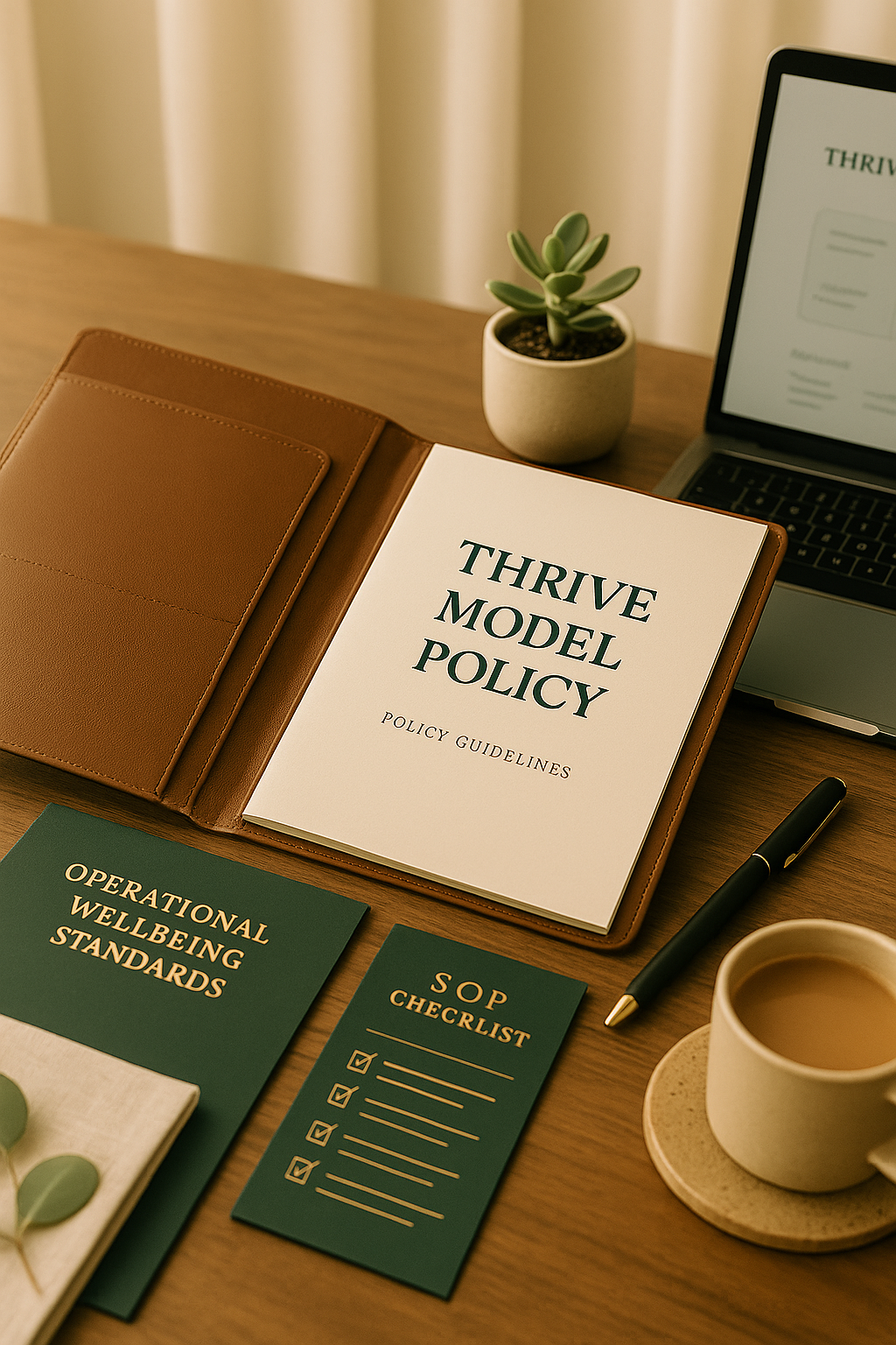 Open brown leather binder with 'Thrive Model Policy' document inside, on a wooden desk. Nearby are a small potted succulent, a computer with a screen showing similar content, a black pen, a beige cup on a saucer, and two green pamphlets titled 'Operational Wellbeing Standards' and 'SOP Checklist'.
